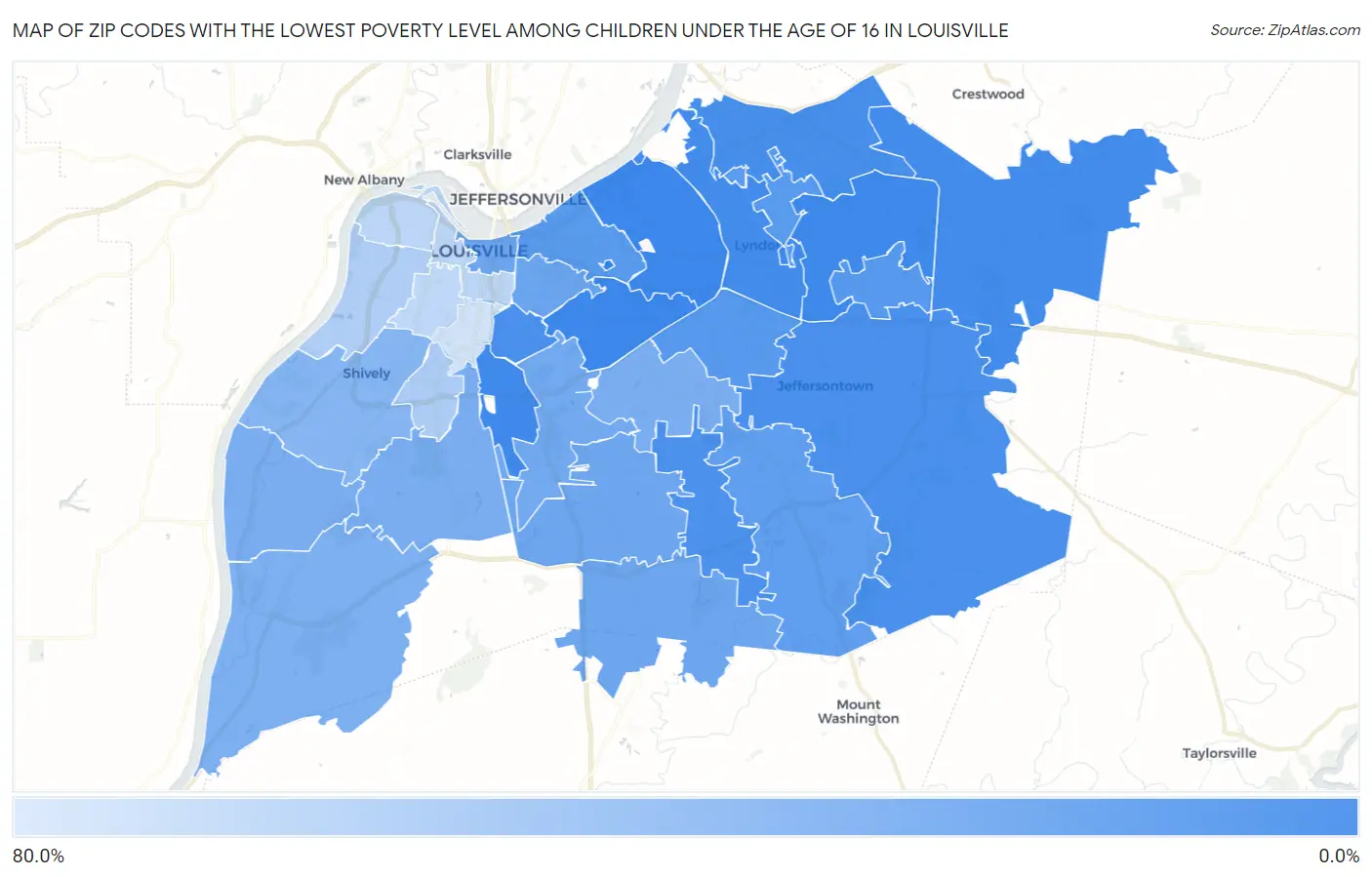 Zip Codes with the Lowest Poverty Level Among Children Under the Age of 16 in Louisville Map