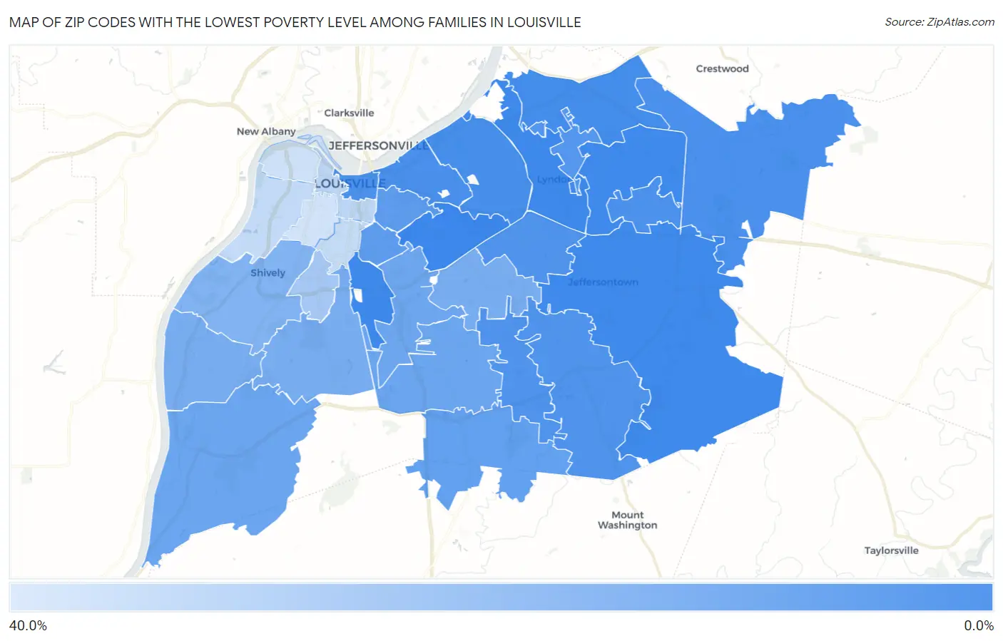 Zip Codes with the Lowest Poverty Level Among Families in Louisville Map