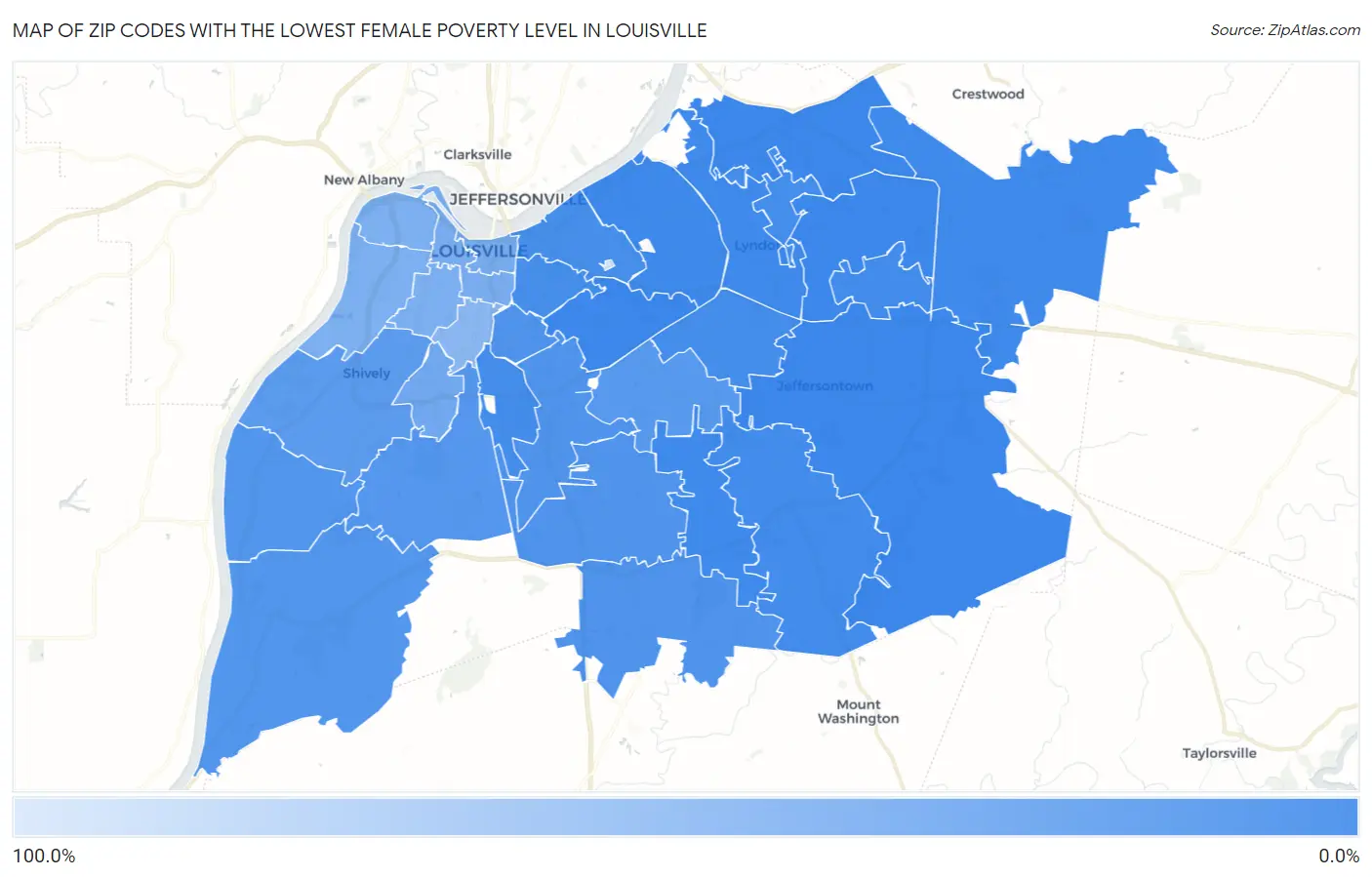 Zip Codes with the Lowest Female Poverty Level in Louisville Map