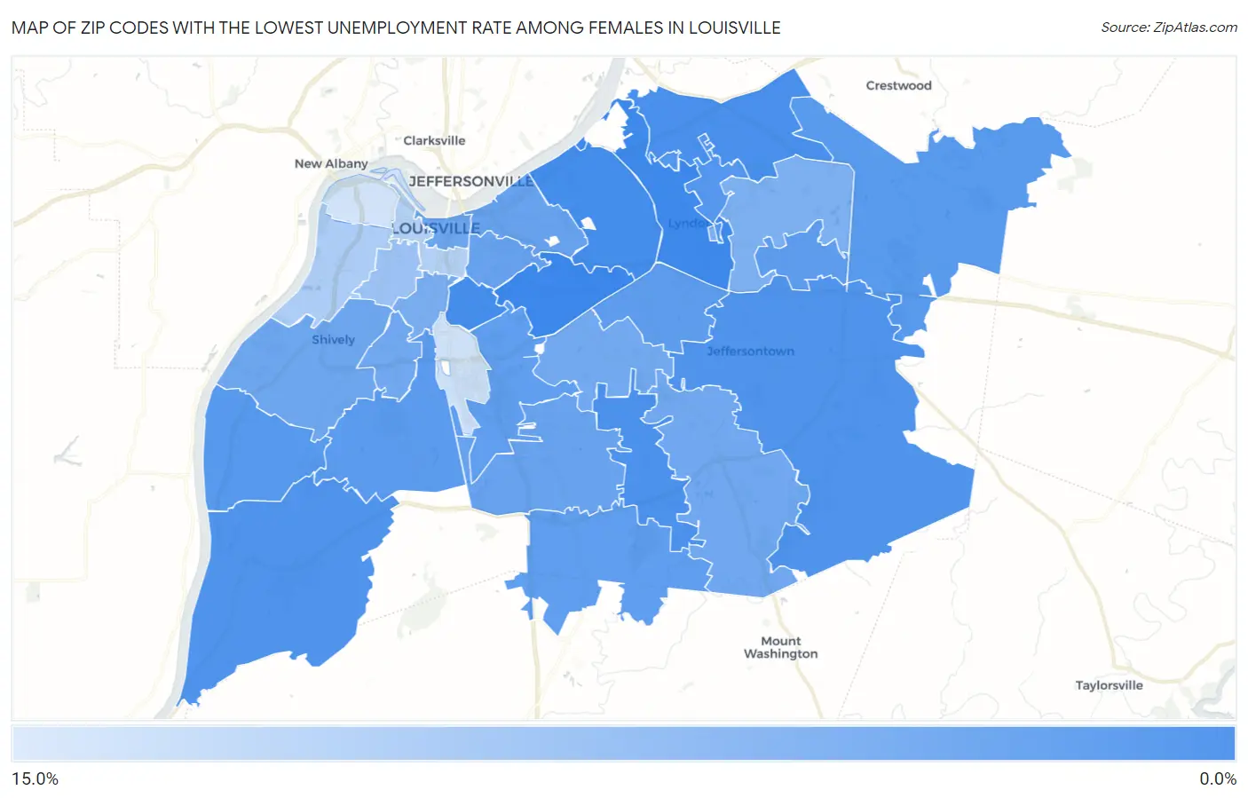 Zip Codes with the Lowest Unemployment Rate Among Females in Louisville Map