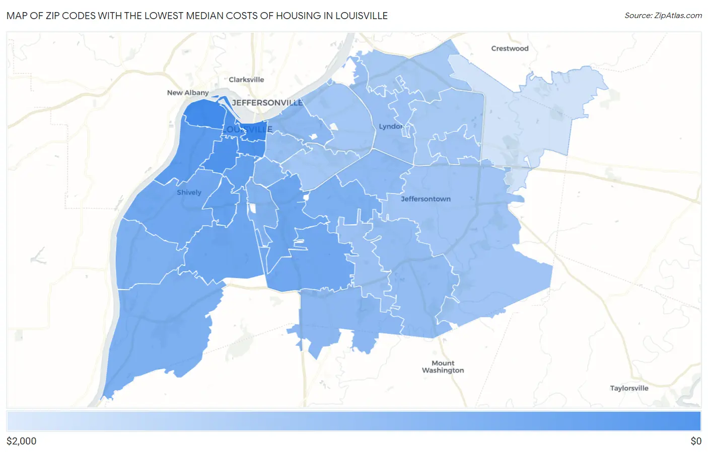 Zip Codes with the Lowest Median Costs of Housing in Louisville Map