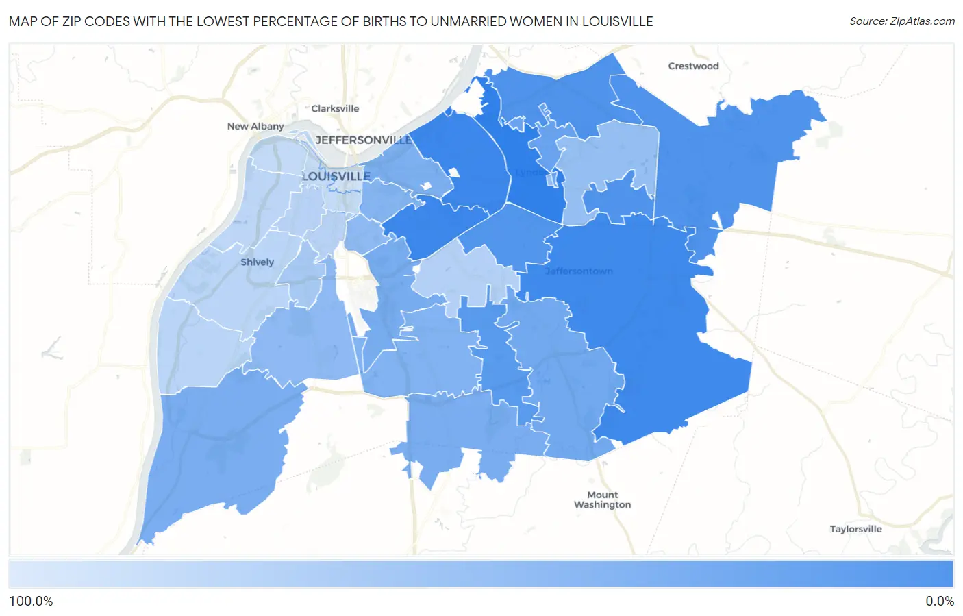 Zip Codes with the Lowest Percentage of Births to Unmarried Women in Louisville Map