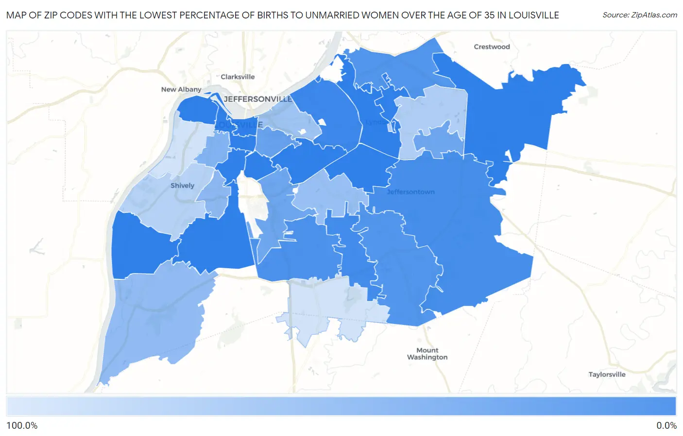 Zip Codes with the Lowest Percentage of Births to Unmarried Women over the Age of 35 in Louisville Map