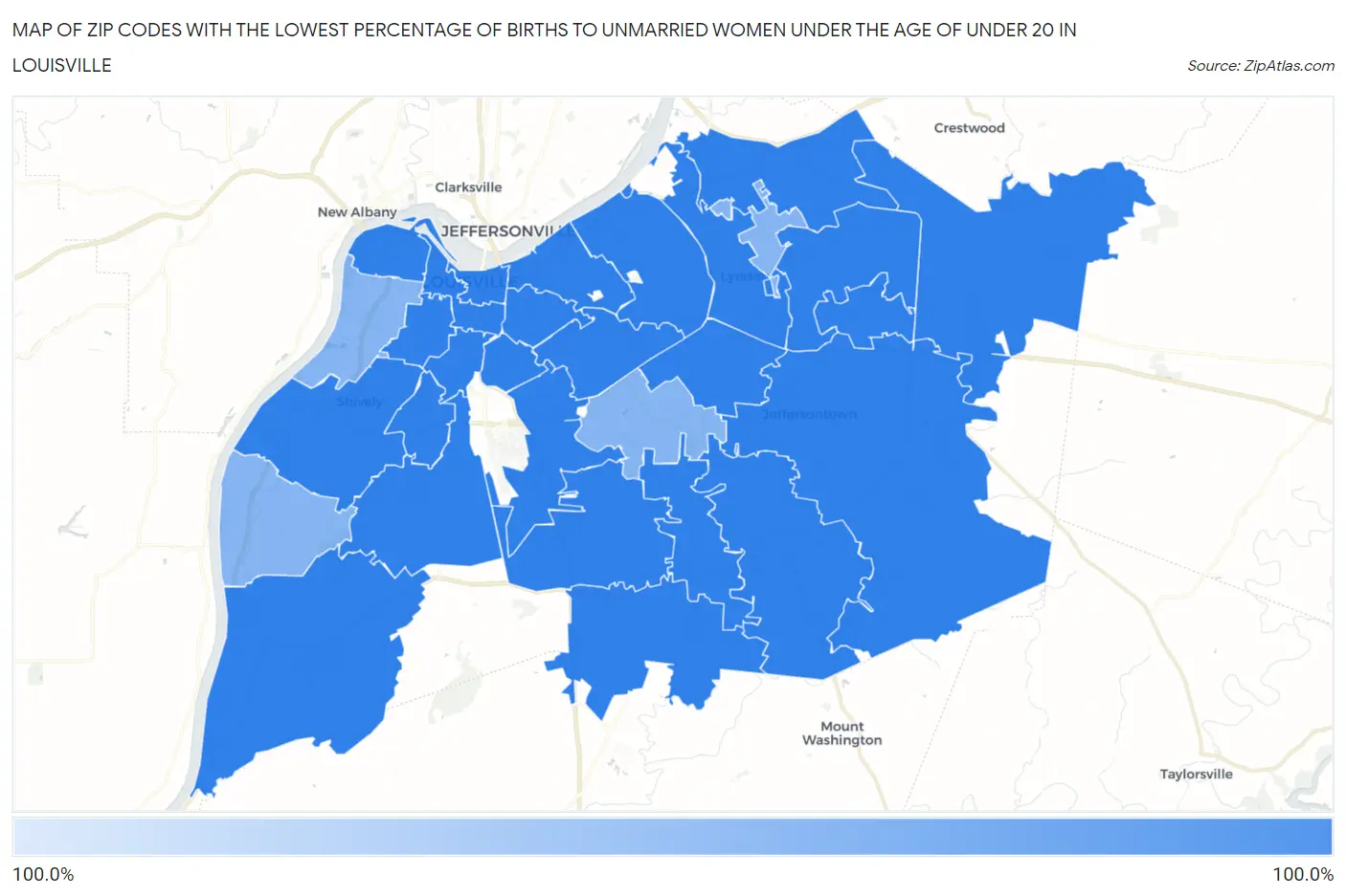 Zip Codes with the Lowest Percentage of Births to Unmarried Women under the Age of under 20 in Louisville Map
