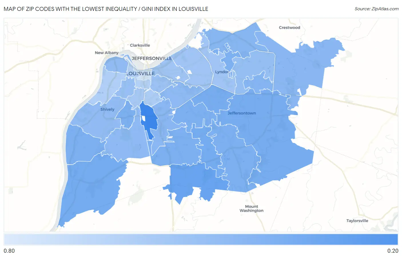 Zip Codes with the Lowest Inequality / Gini Index in Louisville Map