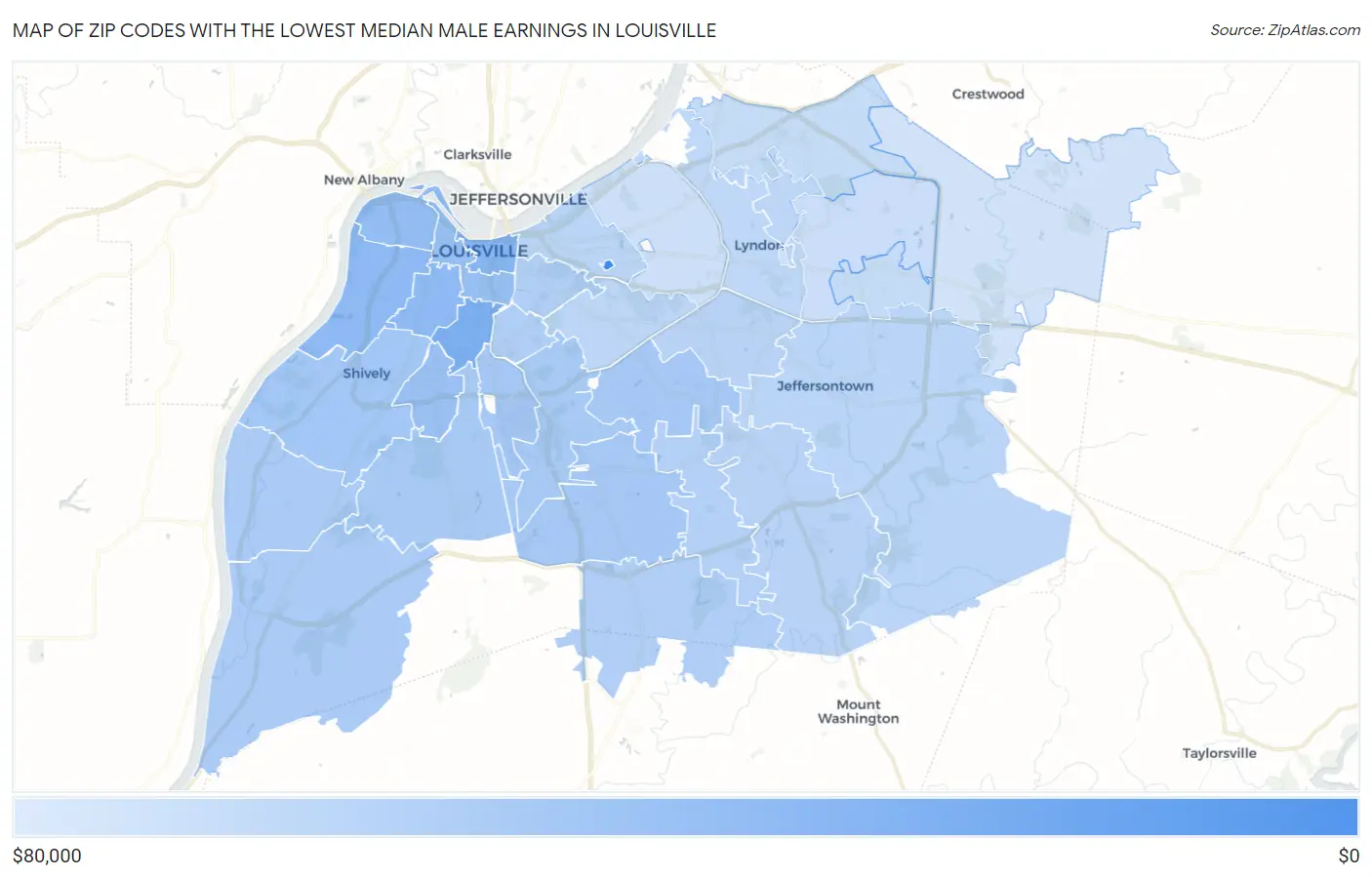 Zip Codes with the Lowest Median Male Earnings in Louisville Map