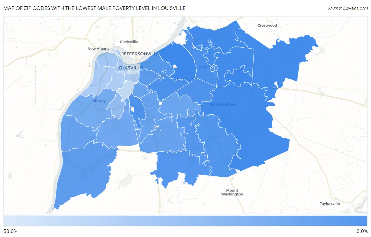 Zip Codes with the Lowest Male Poverty Level in Louisville Map