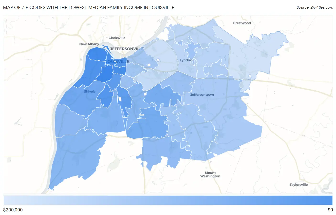 Zip Codes with the Lowest Median Family Income in Louisville Map