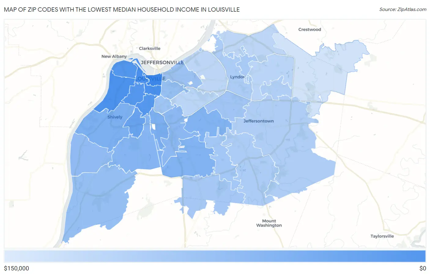 Zip Codes with the Lowest Median Household Income in Louisville Map