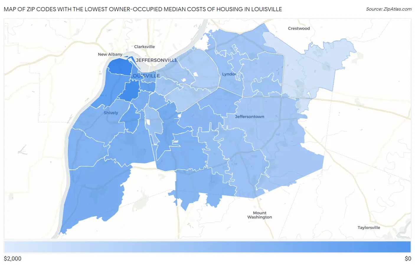 Zip Codes with the Lowest Owner-Occupied Median Costs of Housing in Louisville Map
