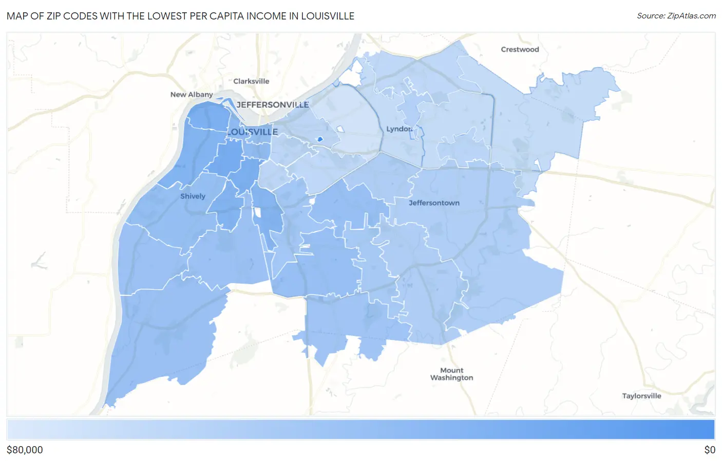 Zip Codes with the Lowest Per Capita Income in Louisville Map