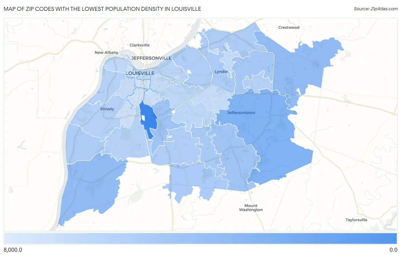 Zip Codes with the Lowest Population Density in Louisville Map