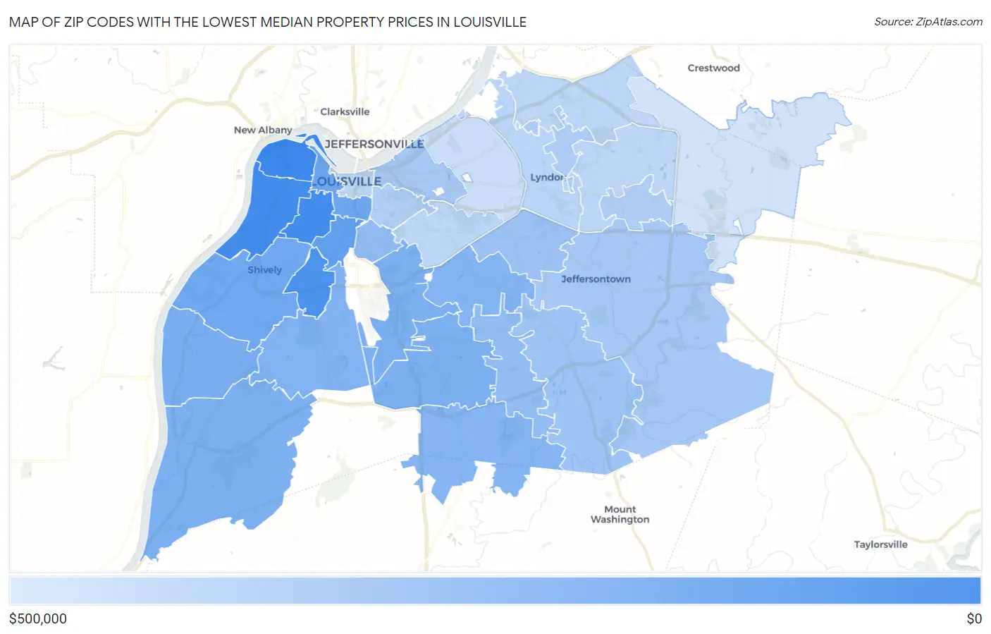 Zip Codes with the Lowest Median Property Prices in Louisville Map