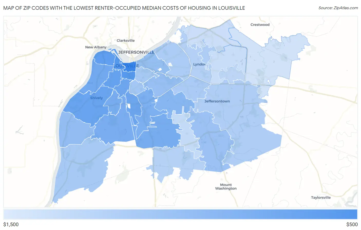 Zip Codes with the Lowest Renter-Occupied Median Costs of Housing in Louisville Map
