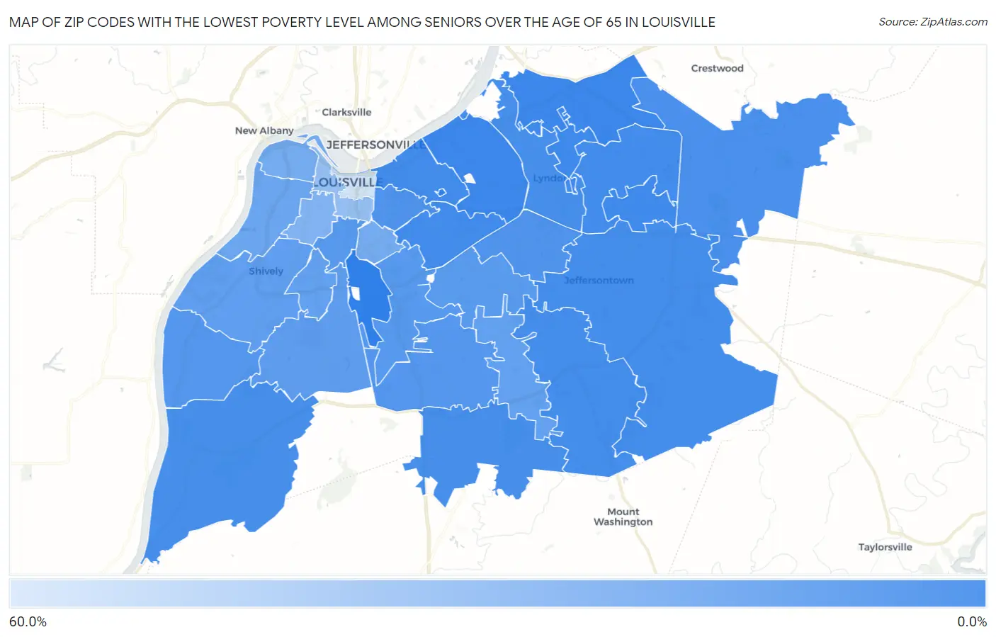 Zip Codes with the Lowest Poverty Level Among Seniors Over the Age of 65 in Louisville Map