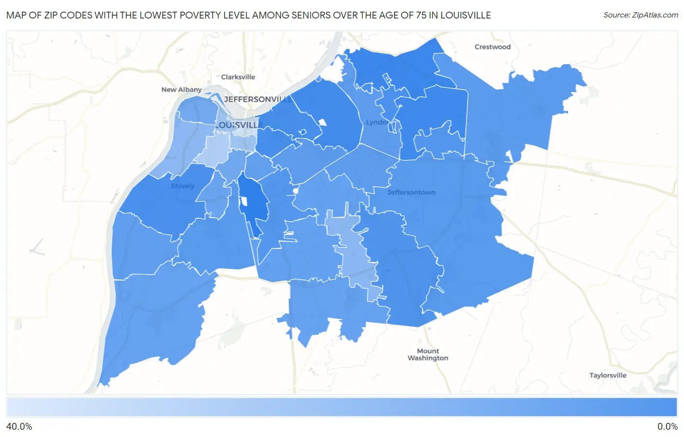 Zip Codes with the Lowest Poverty Level Among Seniors Over the Age of 75 in Louisville Map