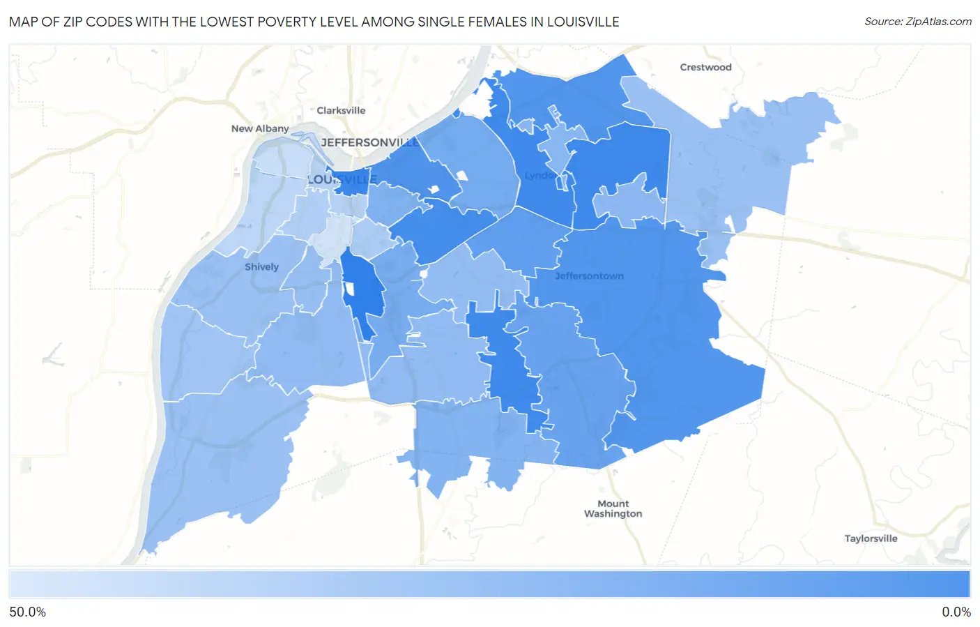 Zip Codes with the Lowest Poverty Level Among Single Females in Louisville Map