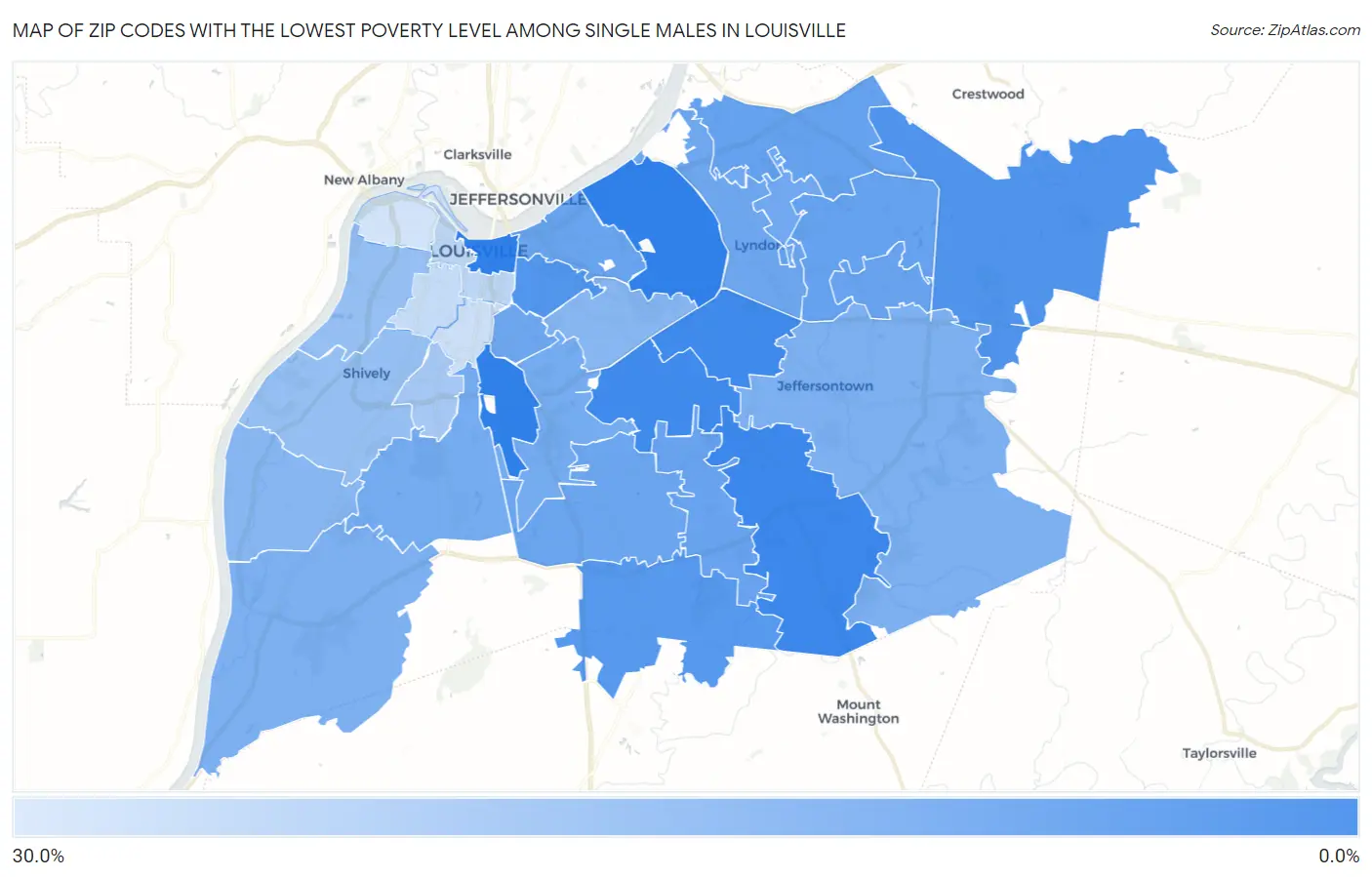 Zip Codes with the Lowest Poverty Level Among Single Males in Louisville Map