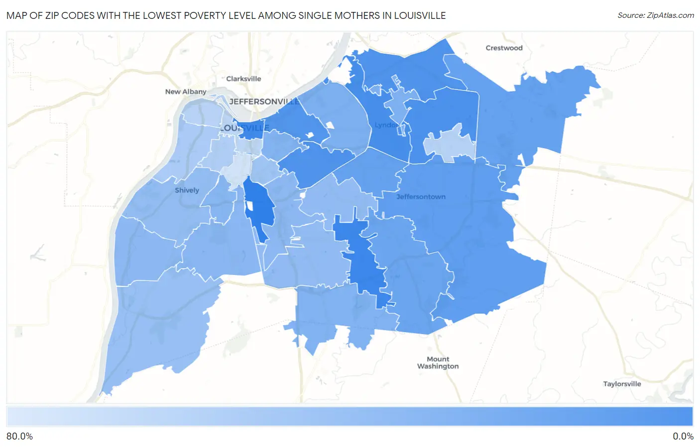 Zip Codes with the Lowest Poverty Level Among Single Mothers in Louisville Map