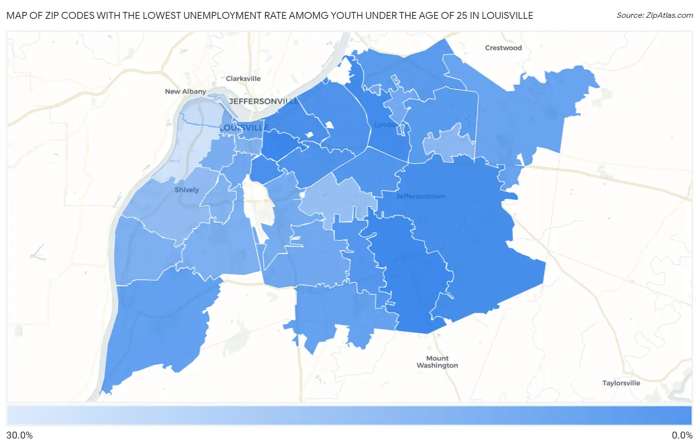 Zip Codes with the Lowest Unemployment Rate Amomg Youth Under the Age of 25 in Louisville Map