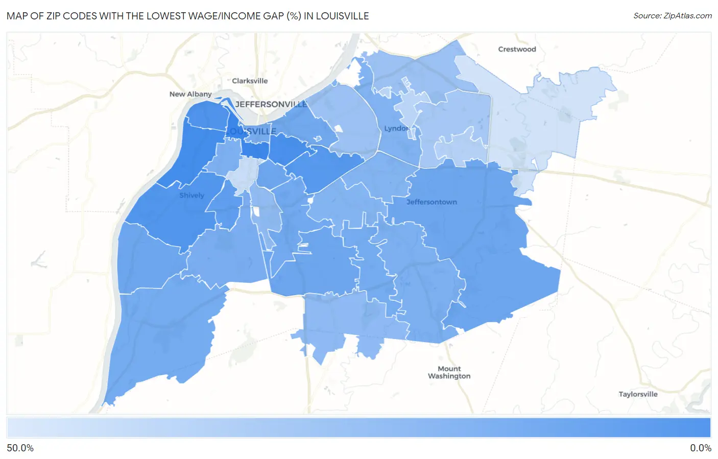 Zip Codes with the Lowest Wage/Income Gap (%) in Louisville Map