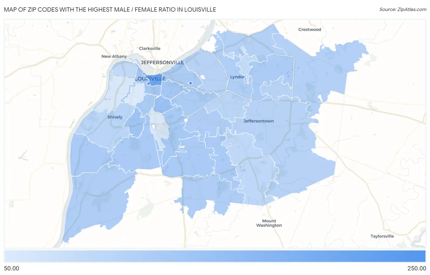 Zip Codes with the Highest Male / Female Ratio in Louisville Map