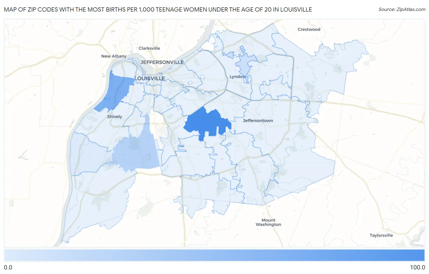 Zip Codes with the Most Births per 1,000 Teenage Women Under the Age of 20 in Louisville Map
