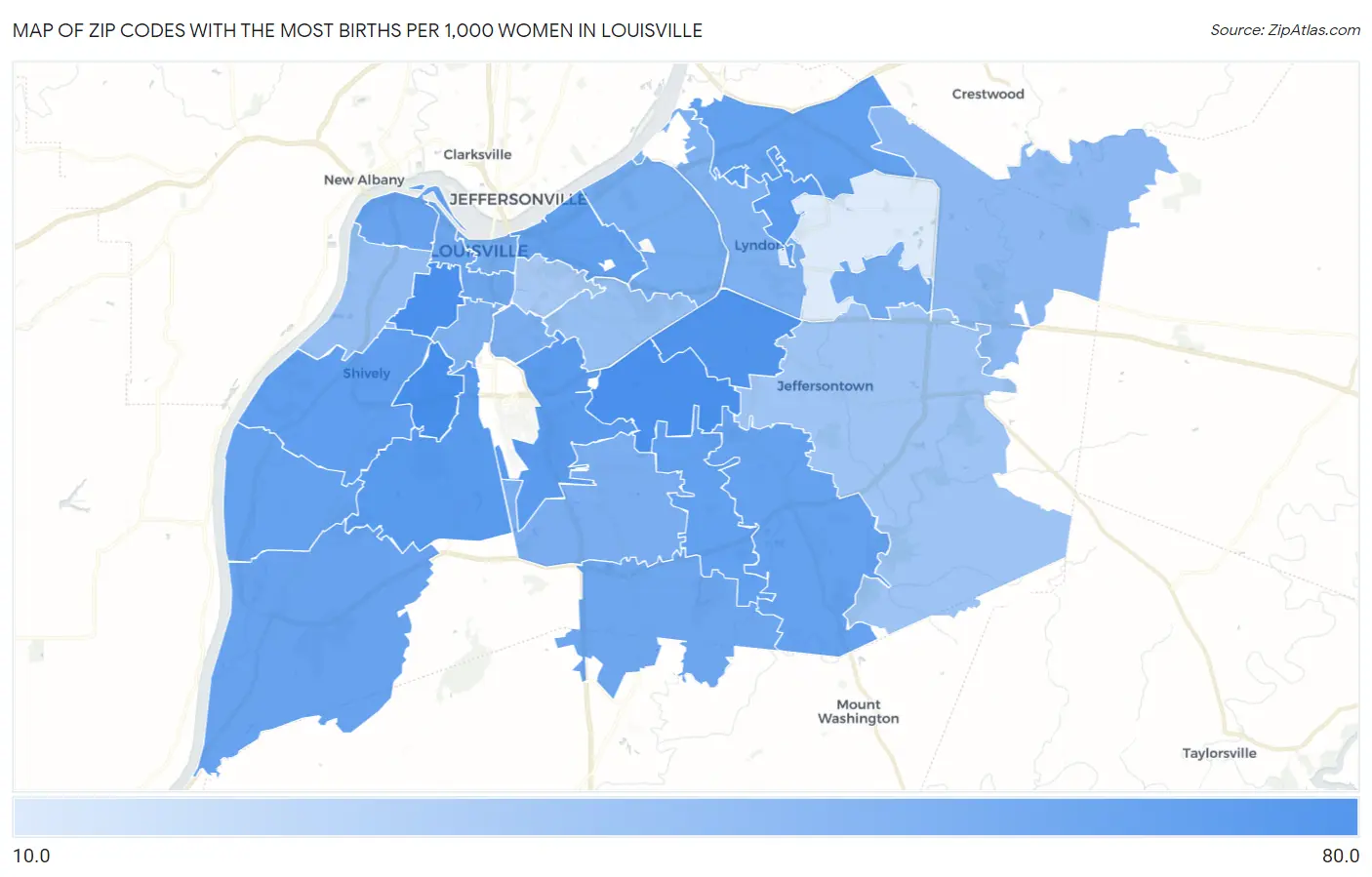 Zip Codes with the Most Births per 1,000 Women in Louisville Map