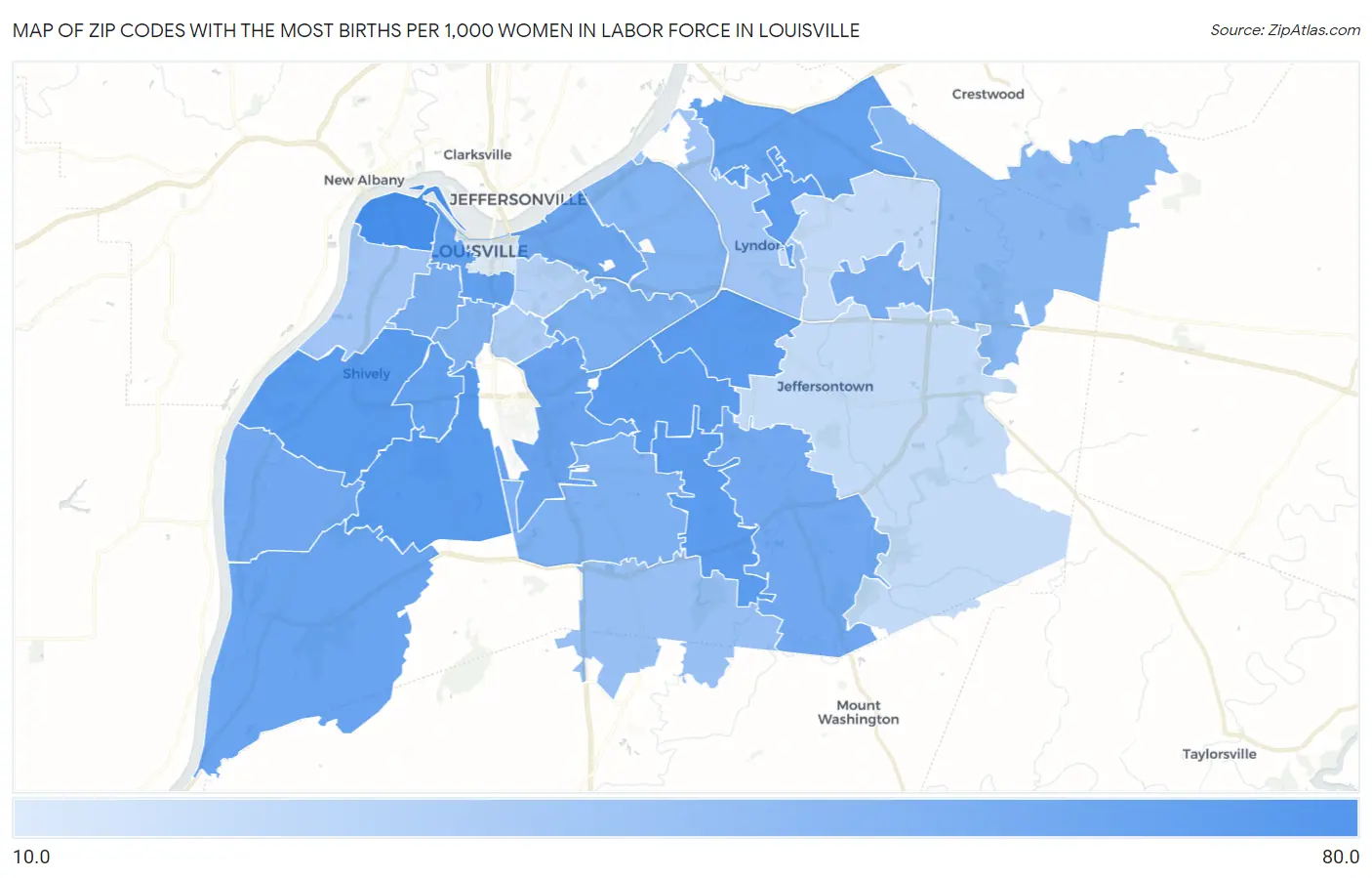 Zip Codes with the Most Births per 1,000 Women in Labor Force in Louisville Map