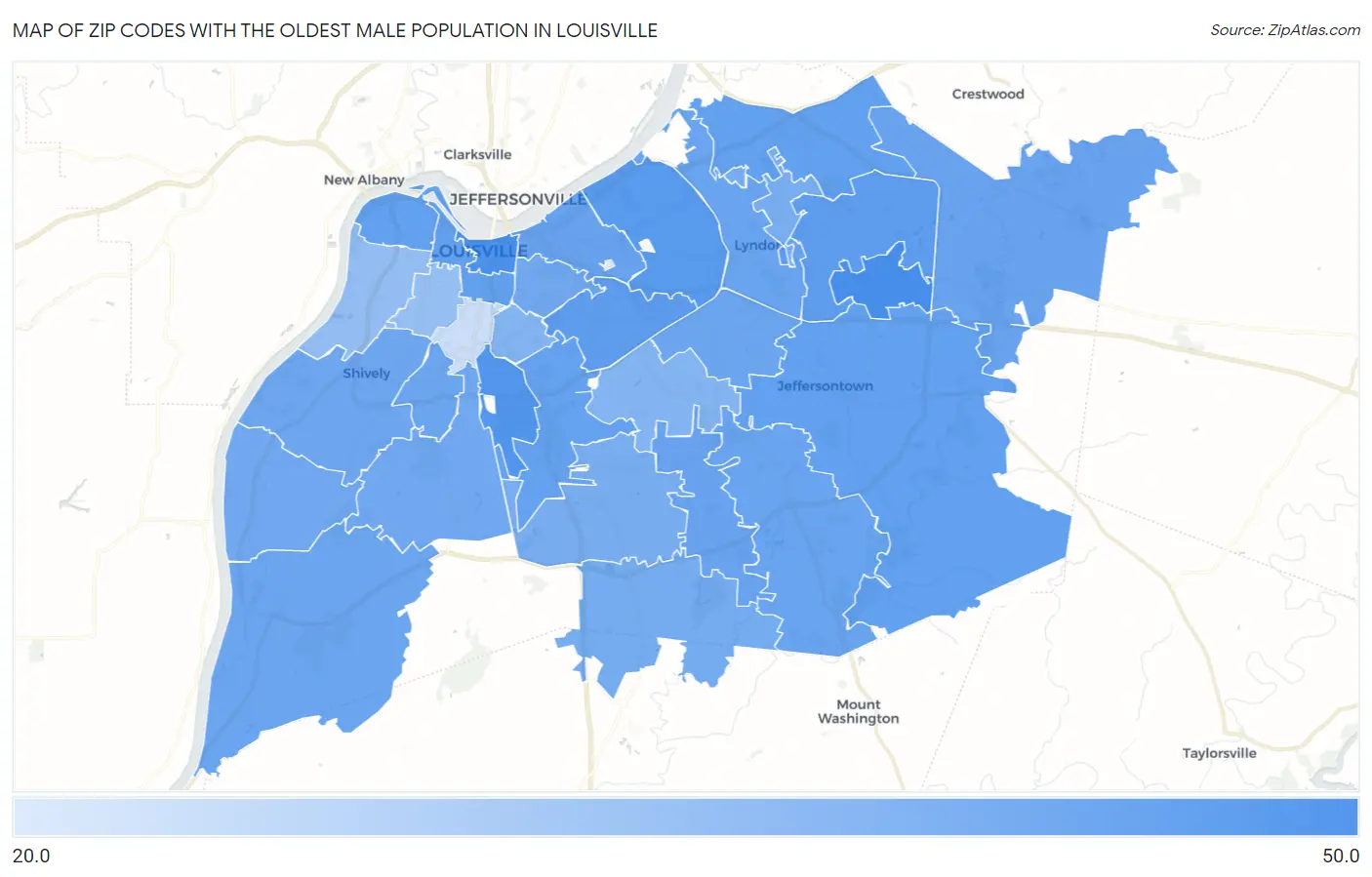 Zip Codes with the Oldest Male Population in Louisville Map