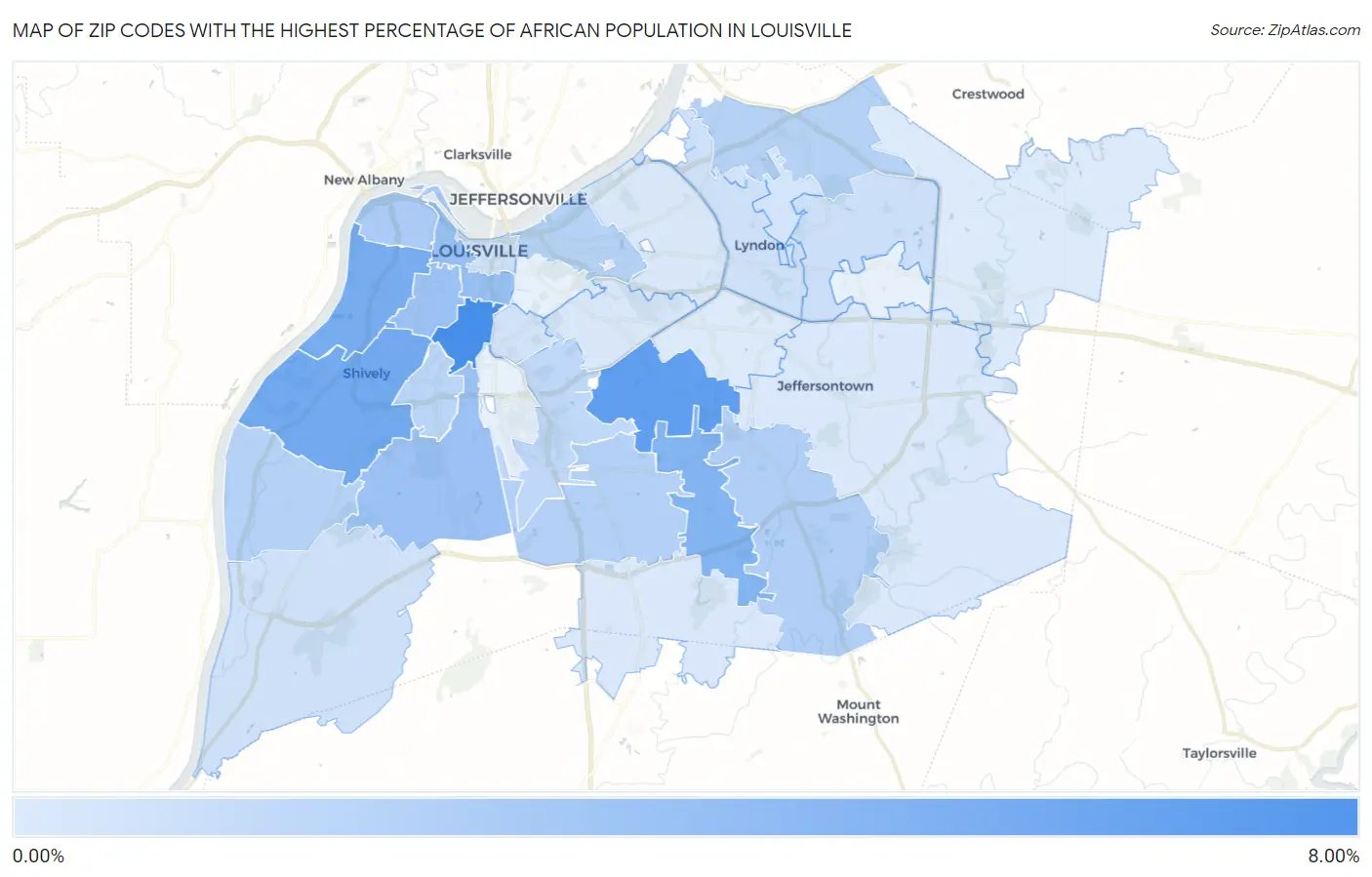 Zip Codes with the Highest Percentage of African Population in Louisville Map