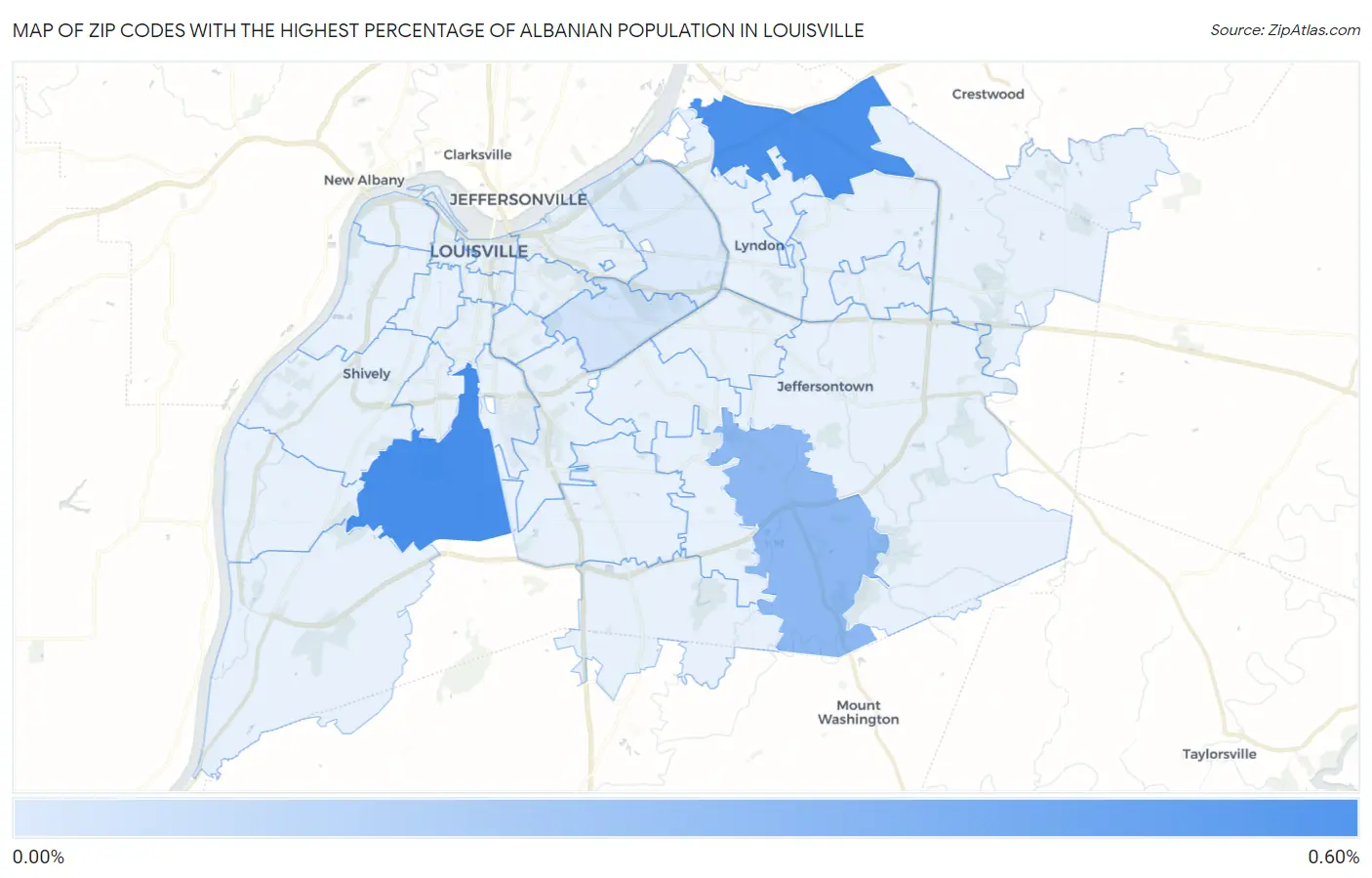 Zip Codes with the Highest Percentage of Albanian Population in Louisville Map