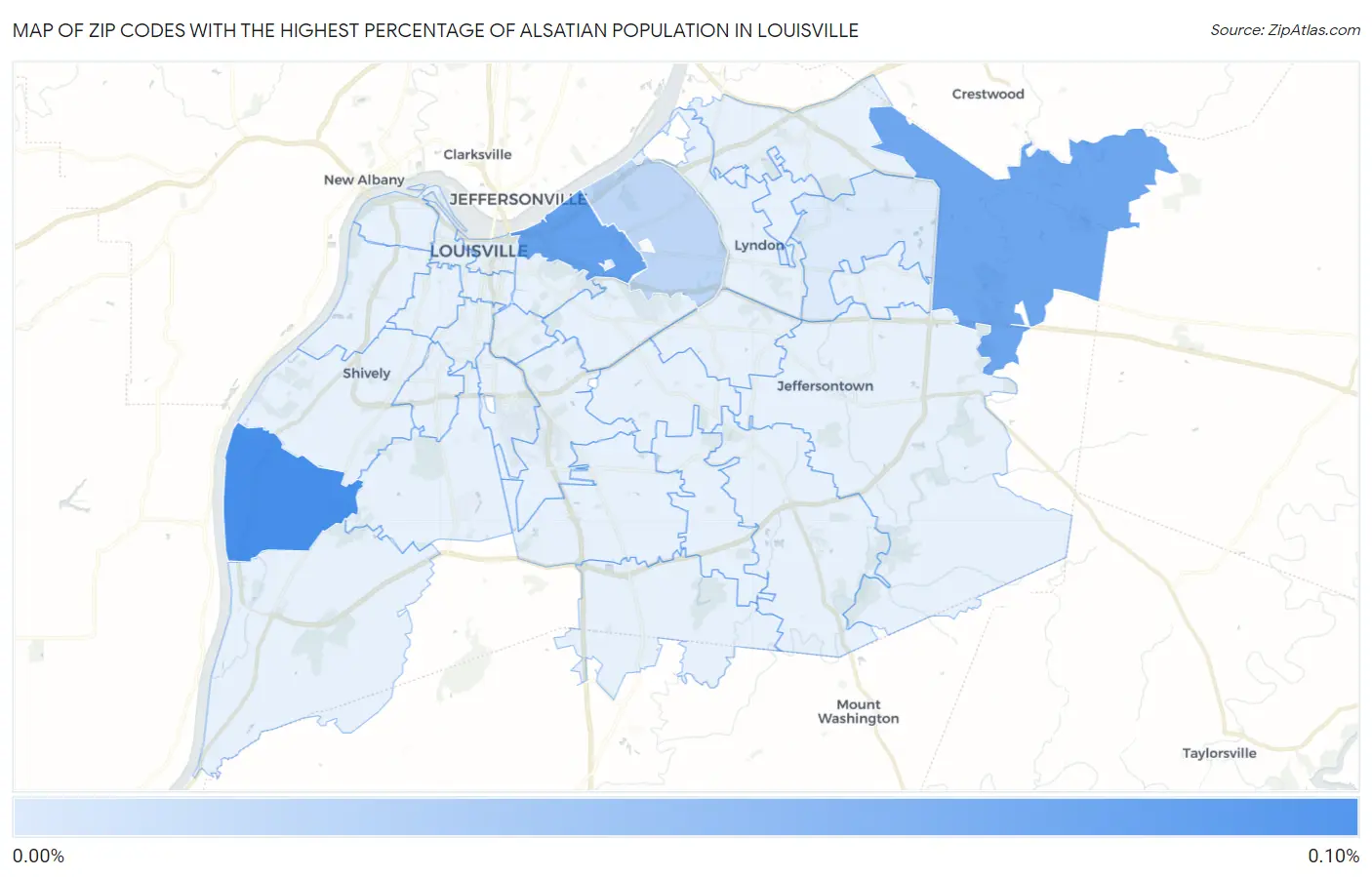 Zip Codes with the Highest Percentage of Alsatian Population in Louisville Map