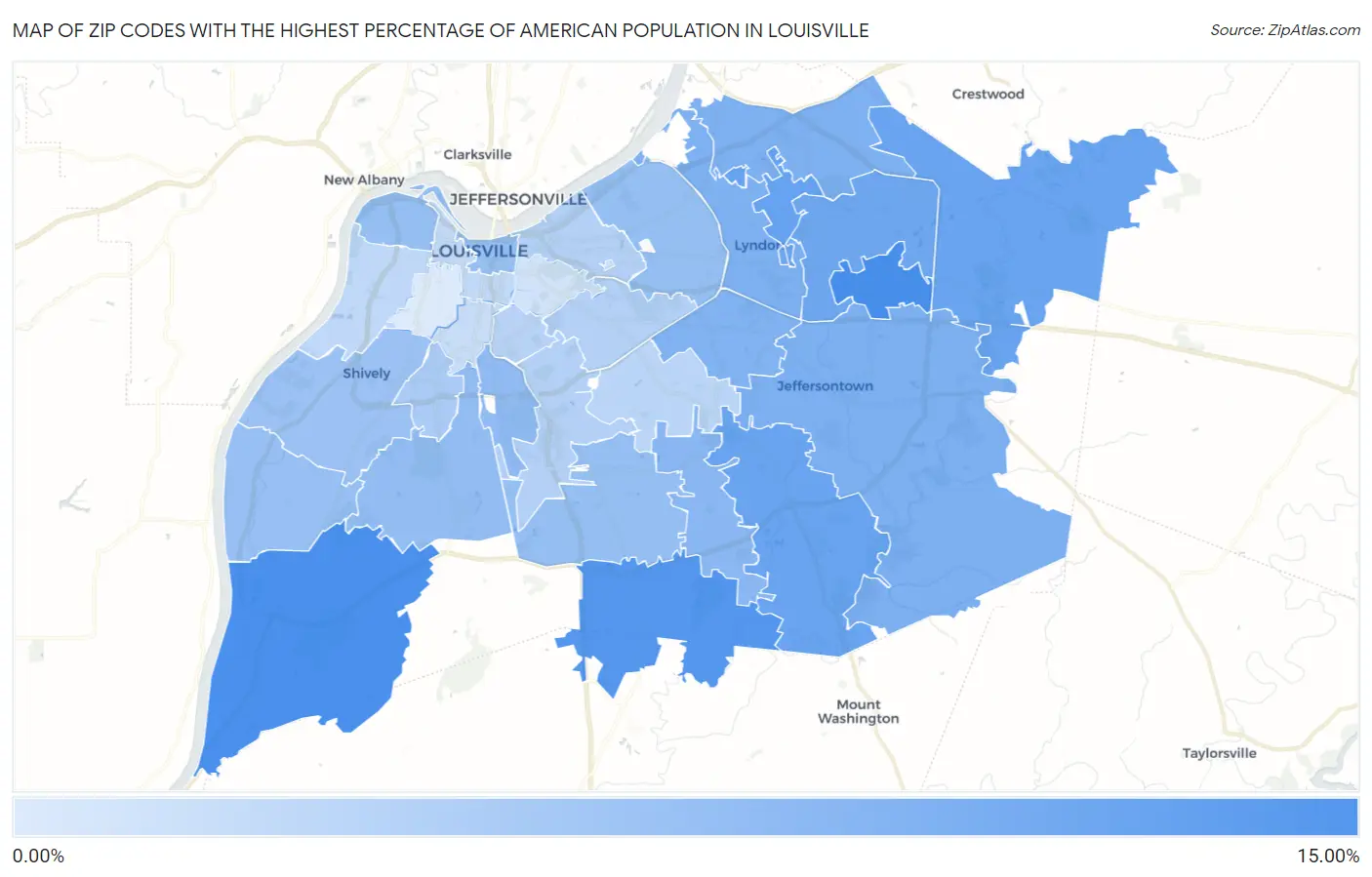 Zip Codes with the Highest Percentage of American Population in Louisville Map