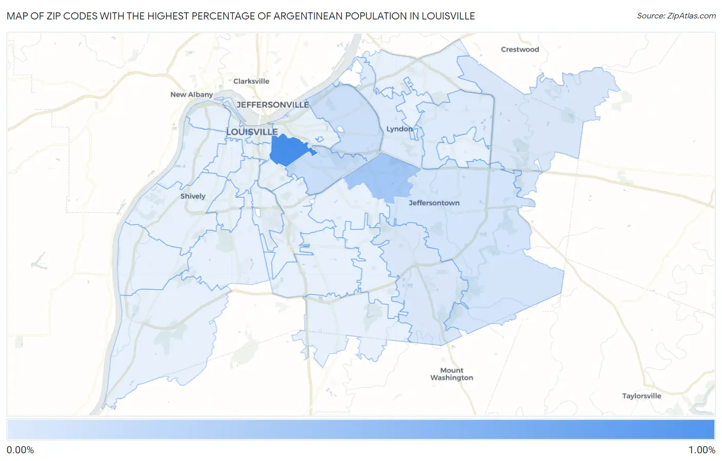 Zip Codes with the Highest Percentage of Argentinean Population in Louisville Map
