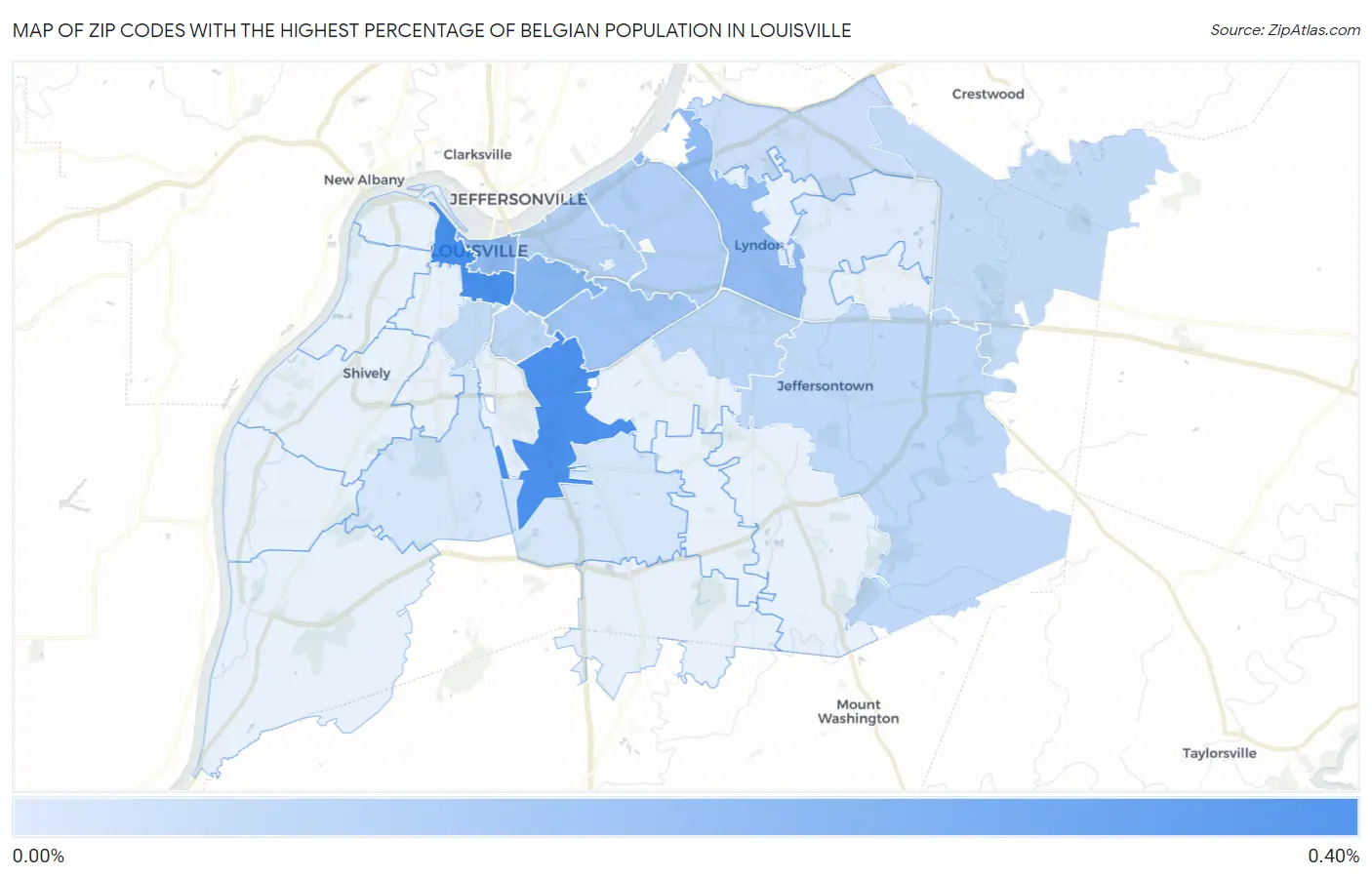 Zip Codes with the Highest Percentage of Belgian Population in Louisville Map