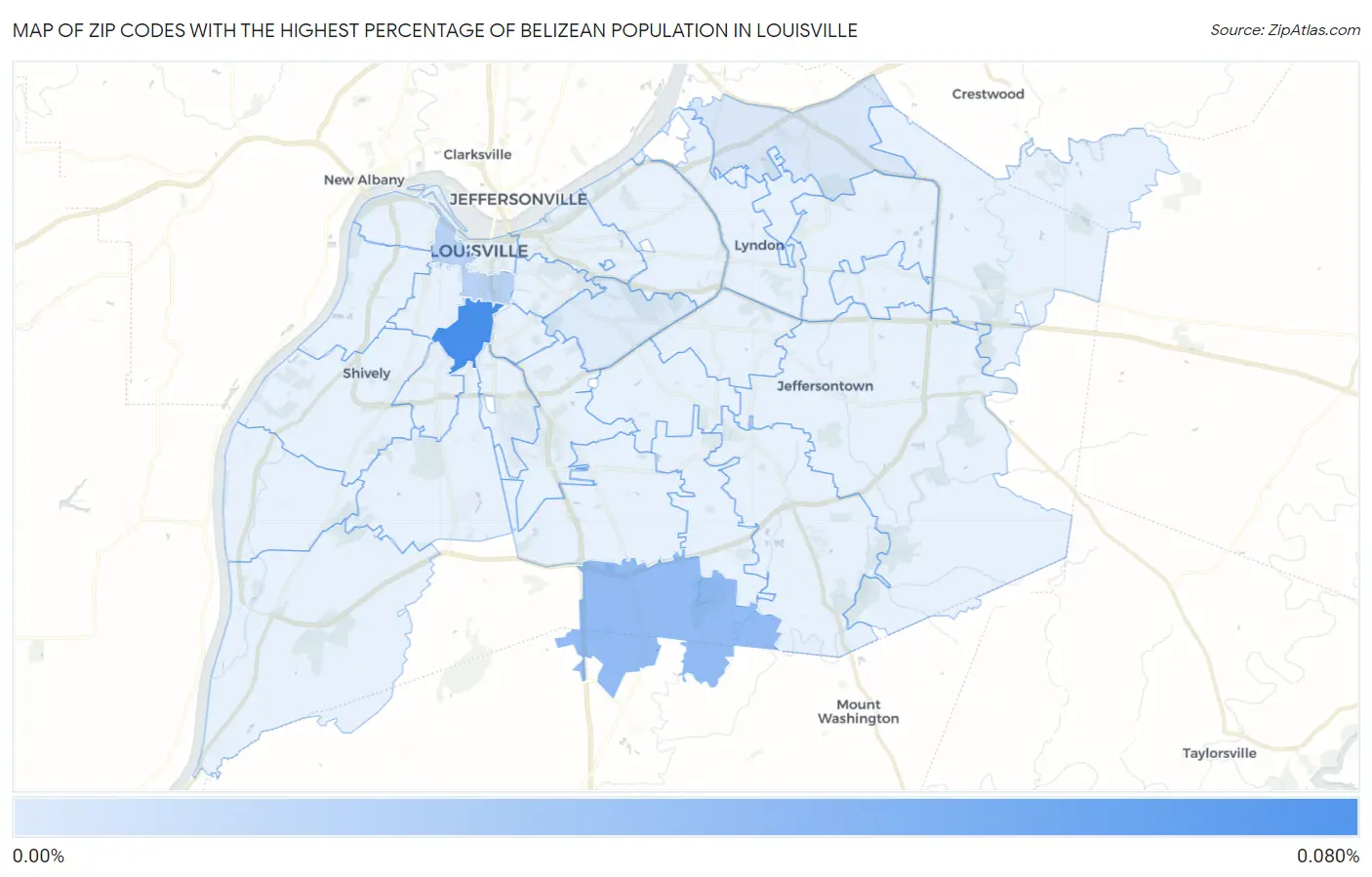 Zip Codes with the Highest Percentage of Belizean Population in Louisville Map
