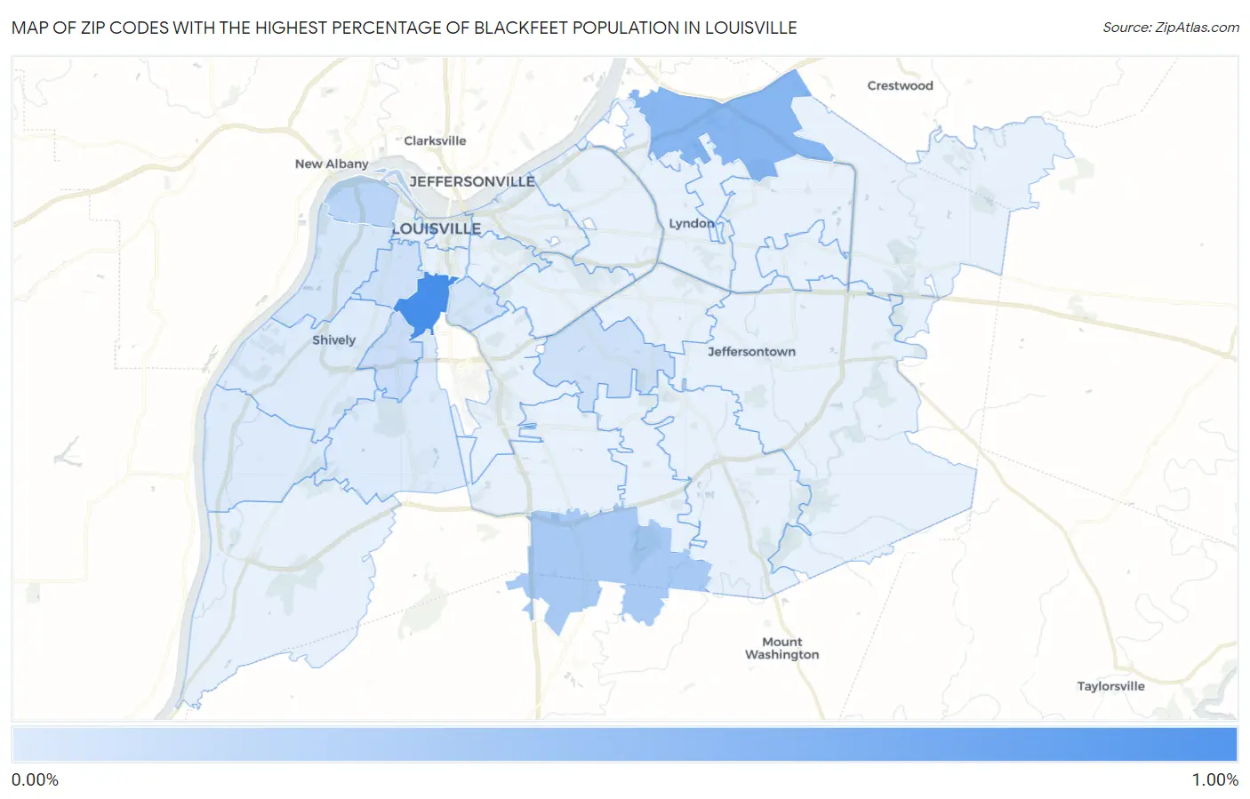 Zip Codes with the Highest Percentage of Blackfeet Population in Louisville Map