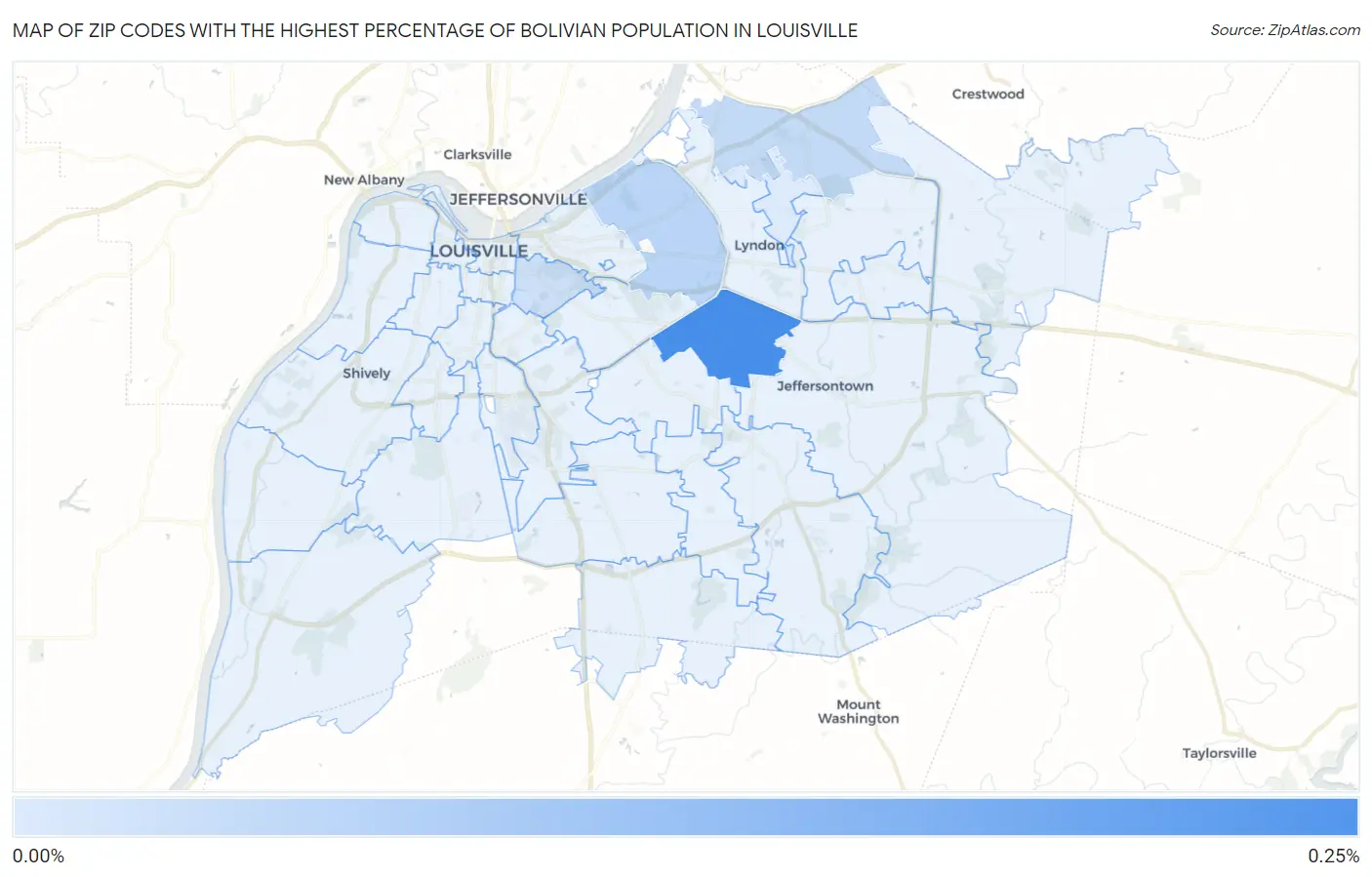 Zip Codes with the Highest Percentage of Bolivian Population in Louisville Map