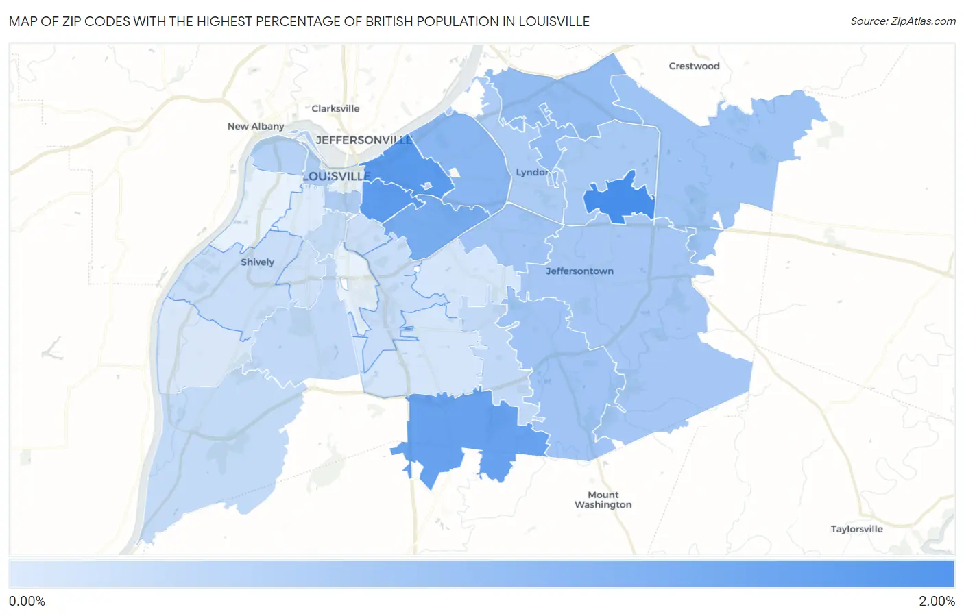 Zip Codes with the Highest Percentage of British Population in Louisville Map