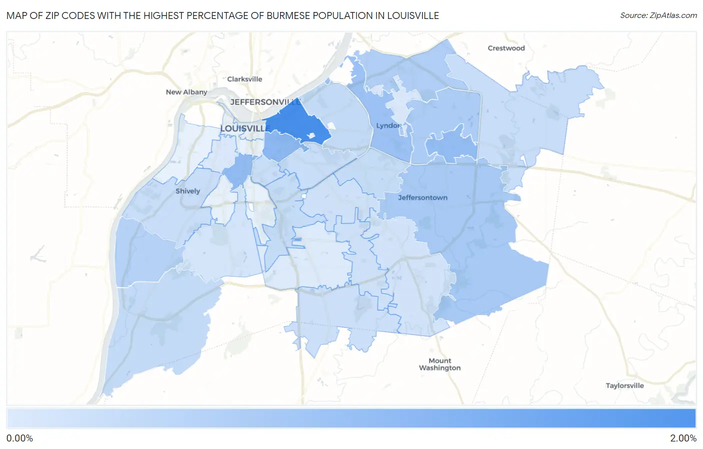 Zip Codes with the Highest Percentage of Burmese Population in Louisville Map