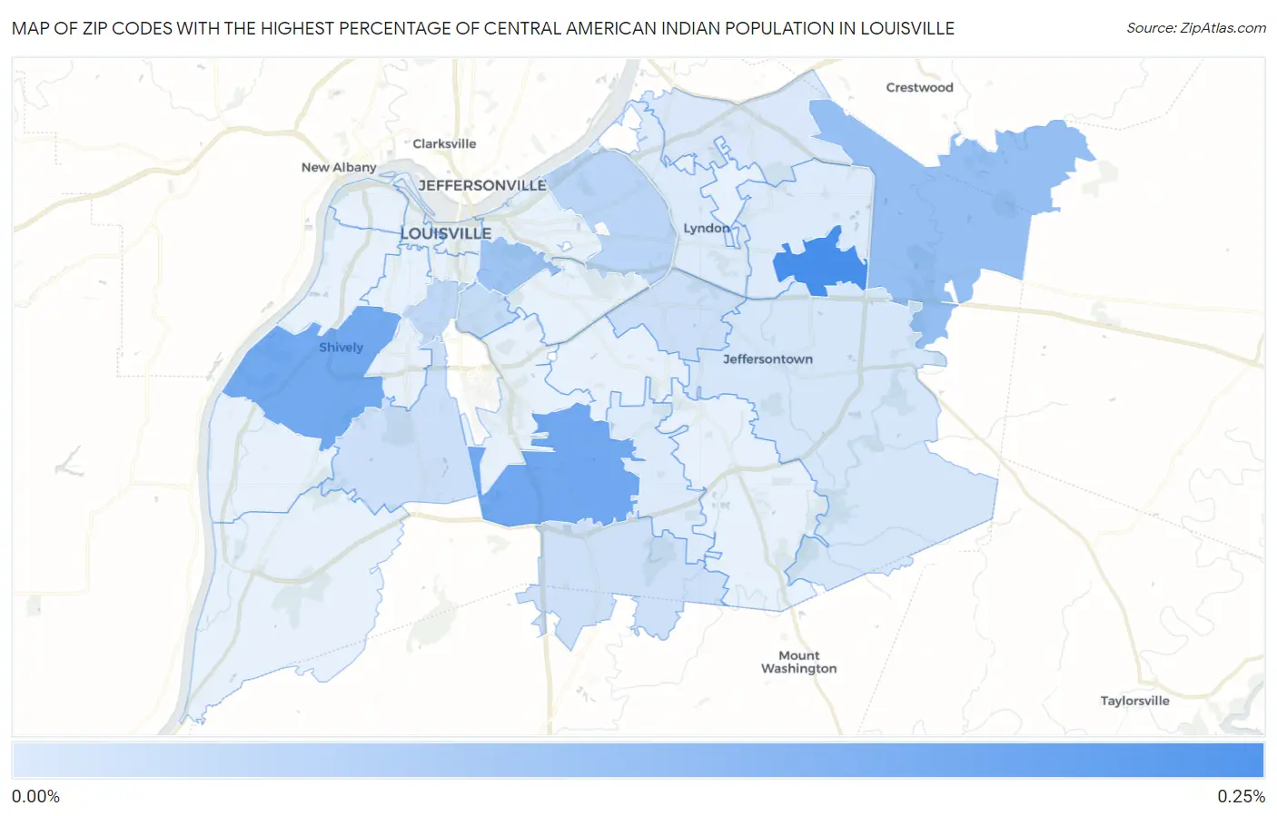 Zip Codes with the Highest Percentage of Central American Indian Population in Louisville Map