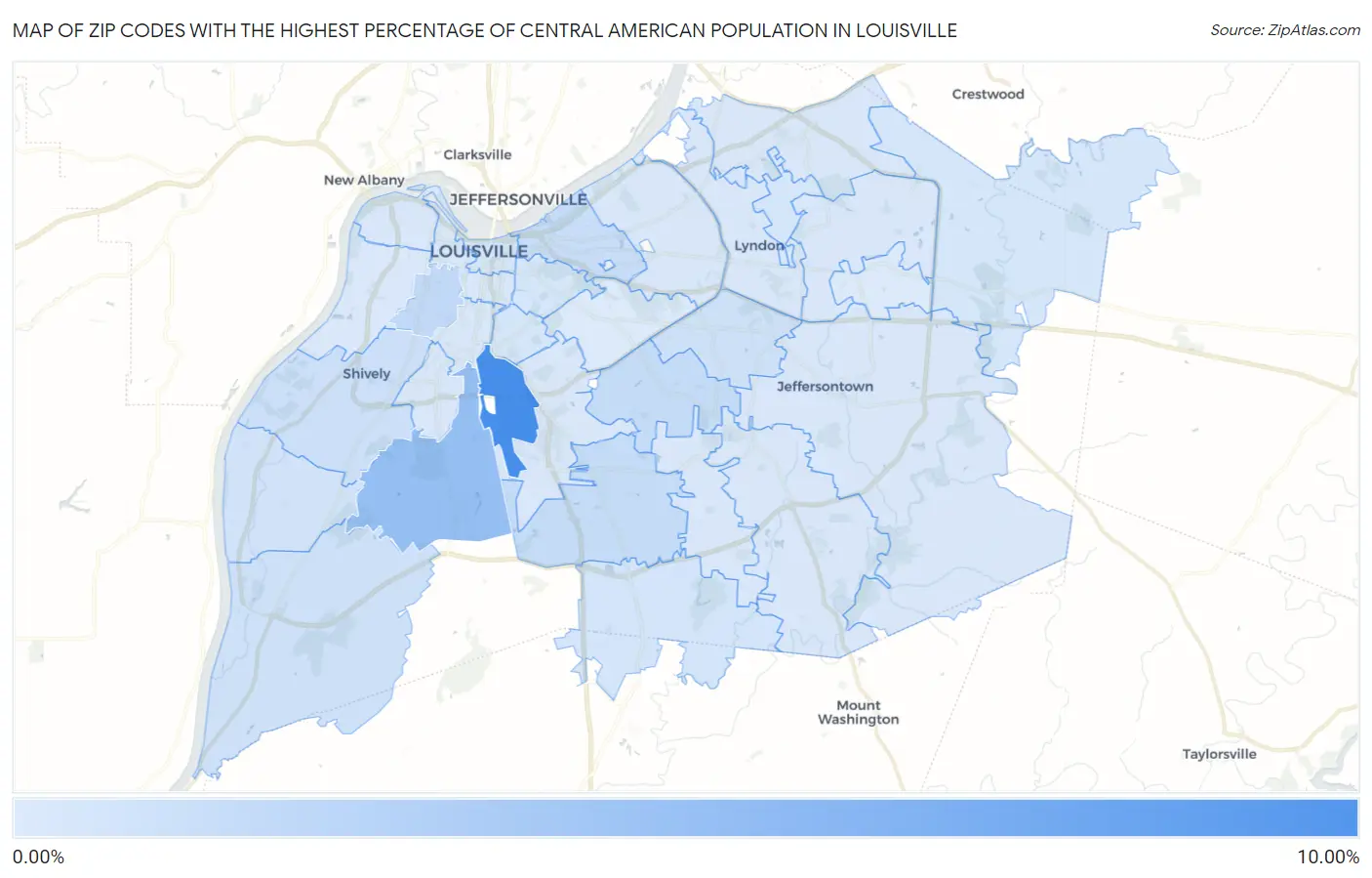 Zip Codes with the Highest Percentage of Central American Population in Louisville Map