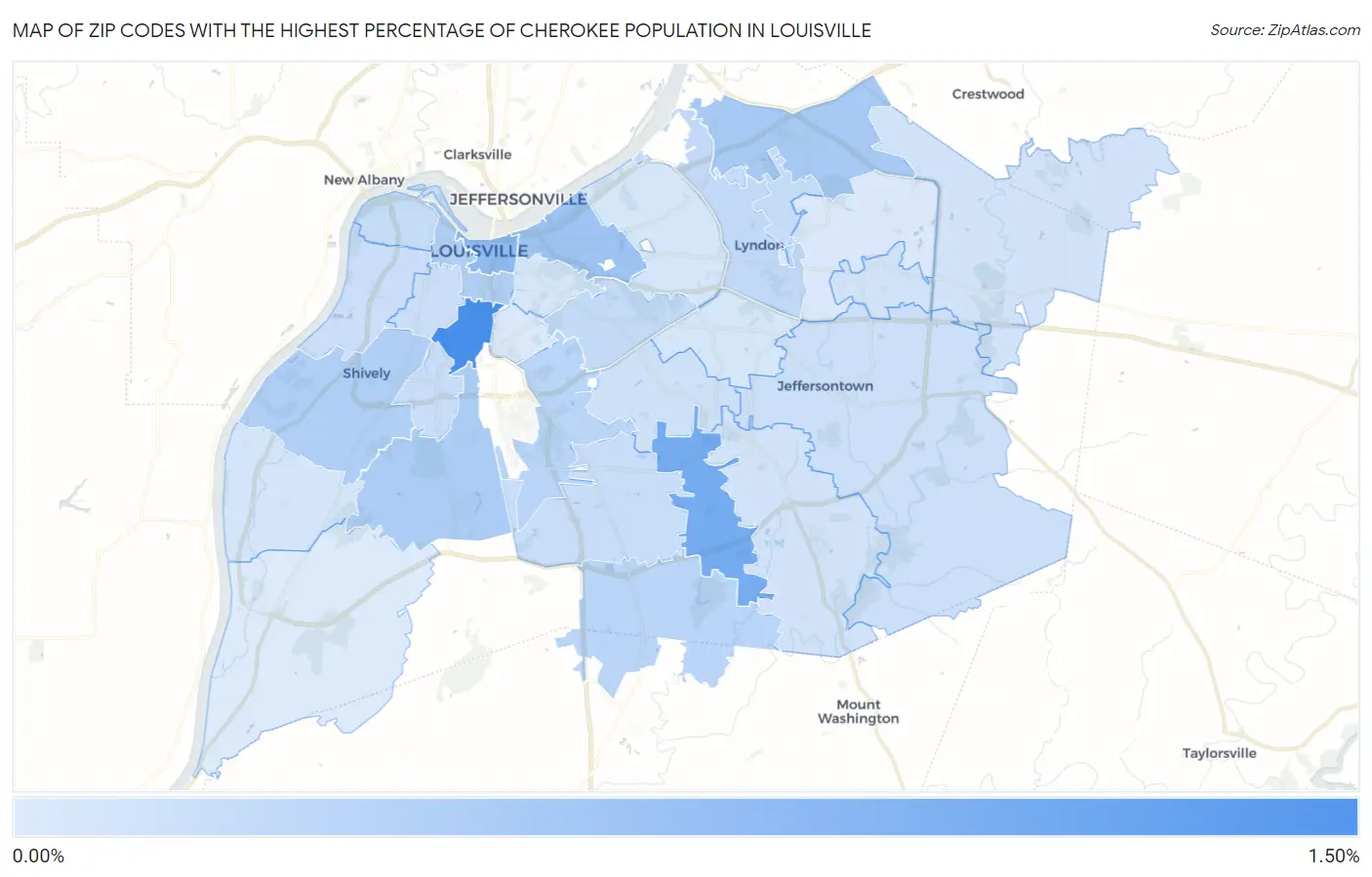 Zip Codes with the Highest Percentage of Cherokee Population in Louisville Map