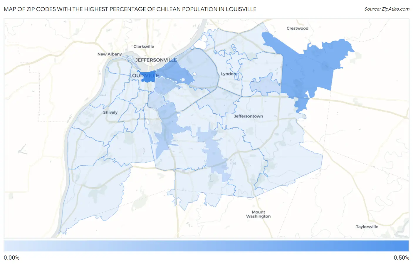 Zip Codes with the Highest Percentage of Chilean Population in Louisville Map