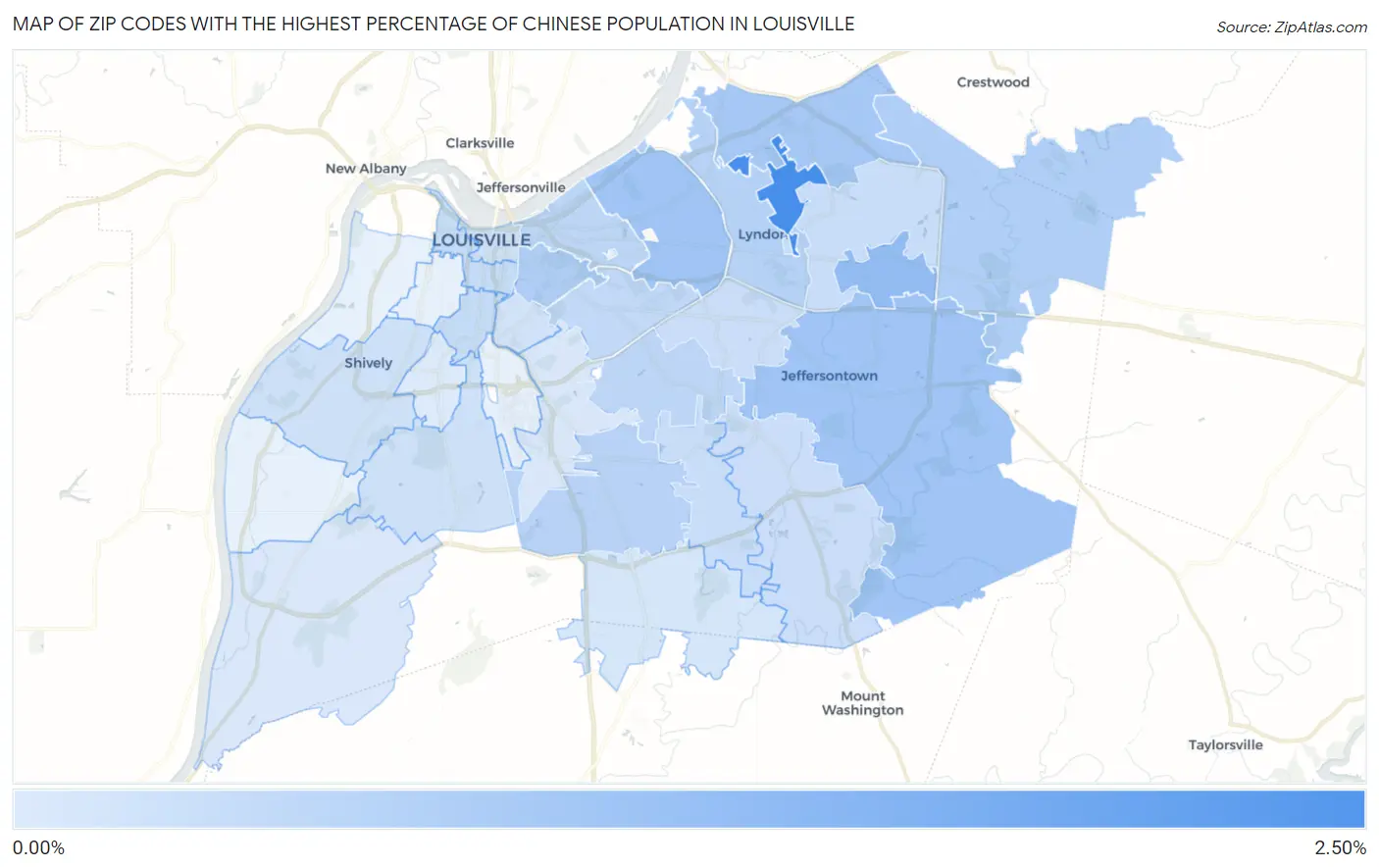 Zip Codes with the Highest Percentage of Chinese Population in Louisville Map