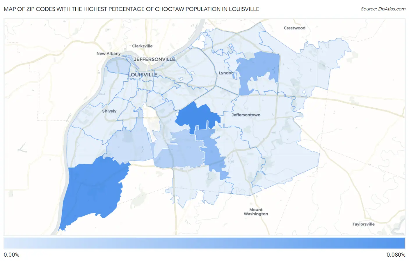 Zip Codes with the Highest Percentage of Choctaw Population in Louisville Map
