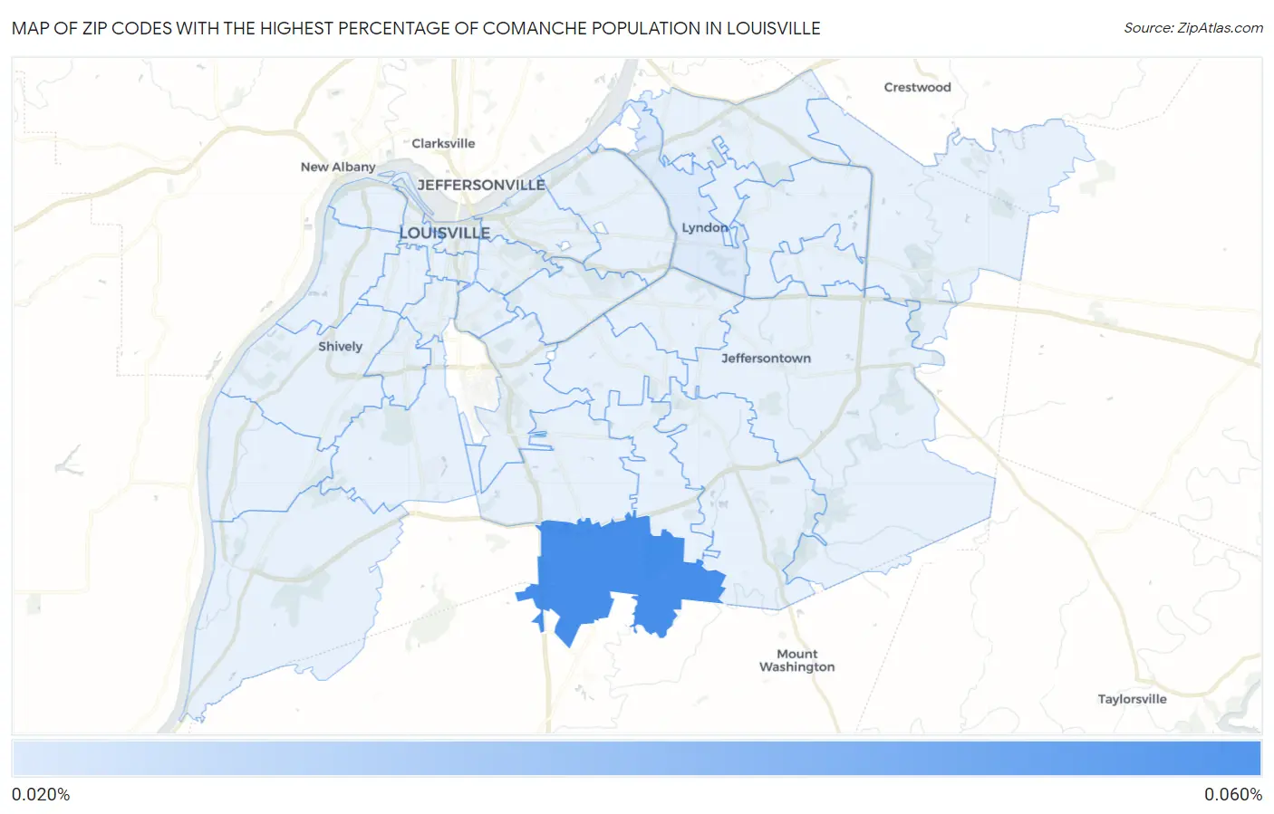 Zip Codes with the Highest Percentage of Comanche Population in Louisville Map