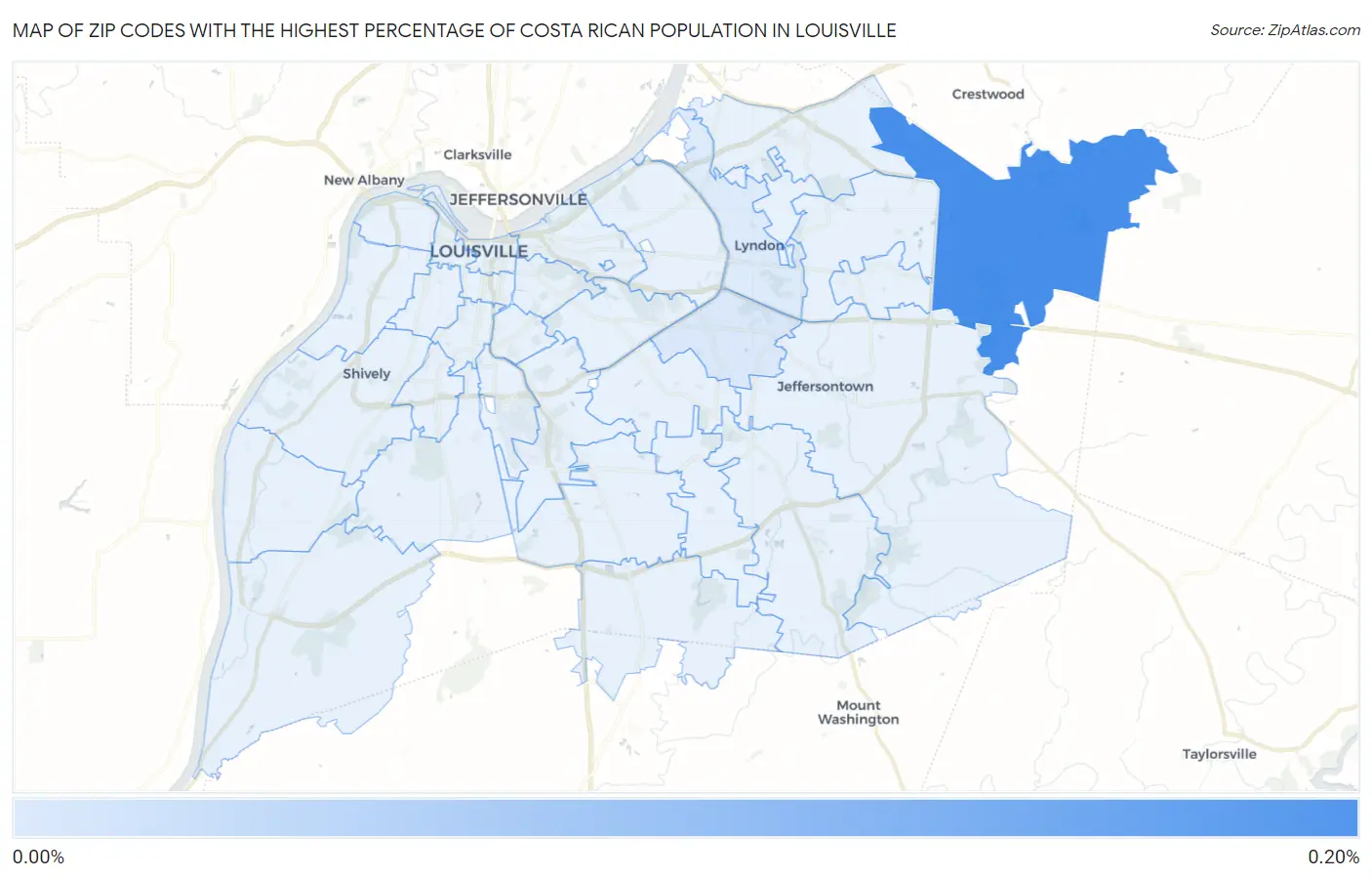 Zip Codes with the Highest Percentage of Costa Rican Population in Louisville Map