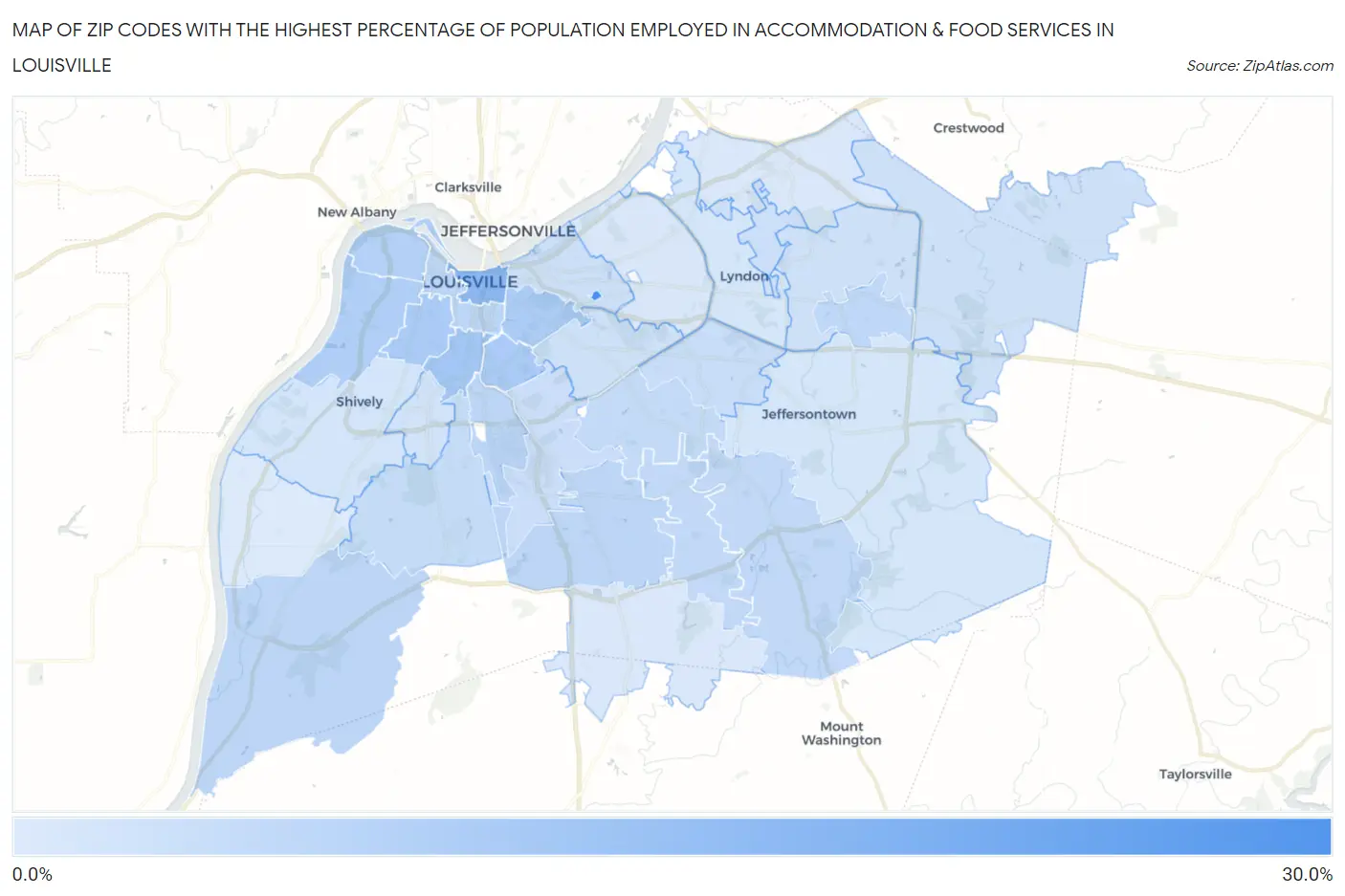 Zip Codes with the Highest Percentage of Population Employed in Accommodation & Food Services in Louisville Map